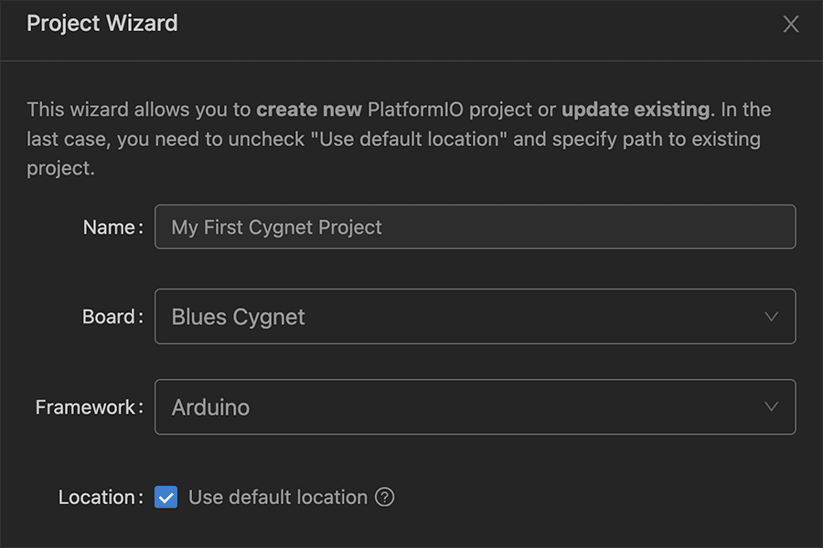 platformio project wizard