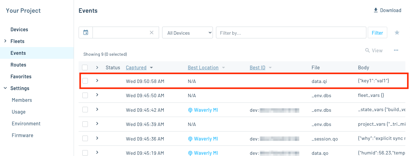 Events screen in Notehub highlighting the new data.qi Note