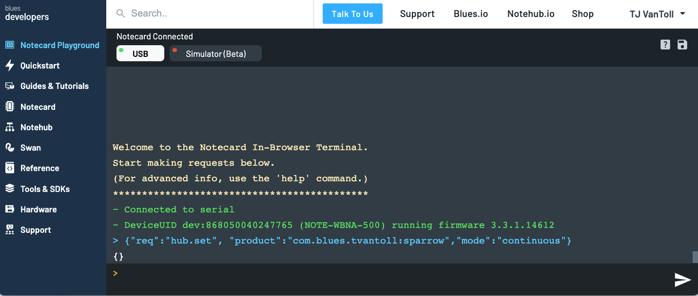 Example usage of the hub.set request