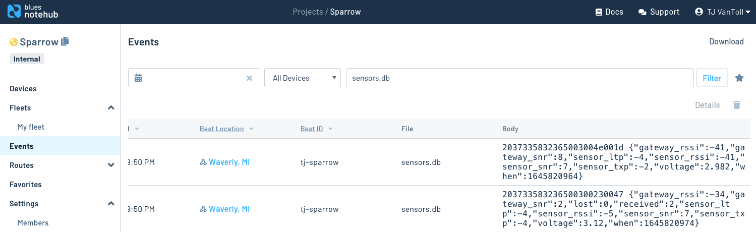 A list of sensor.db events