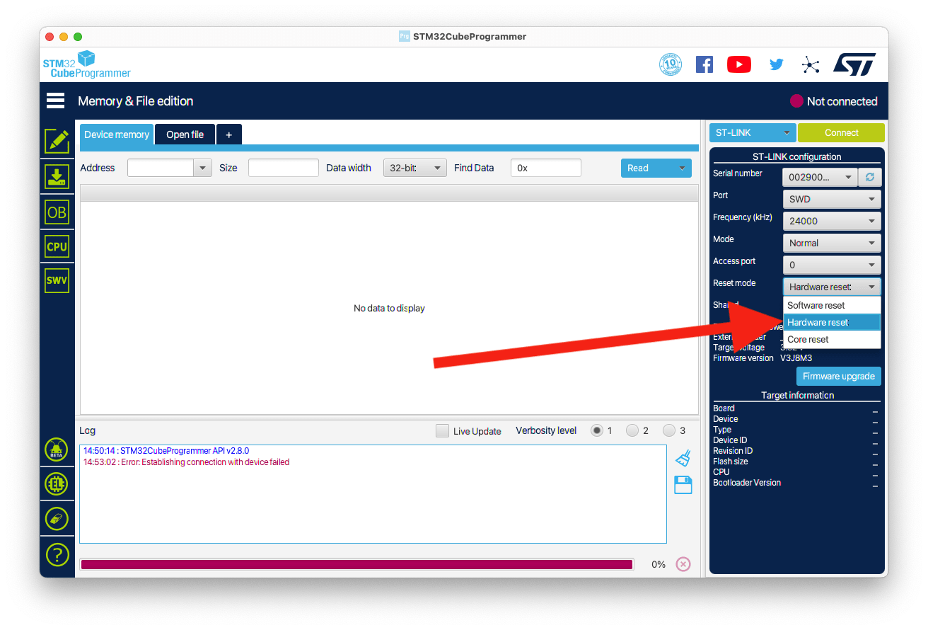 Selecting hardware reset in STM32CubeProgammer