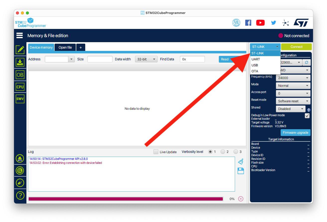 Configuring a connection type in STM32CubeProgammer