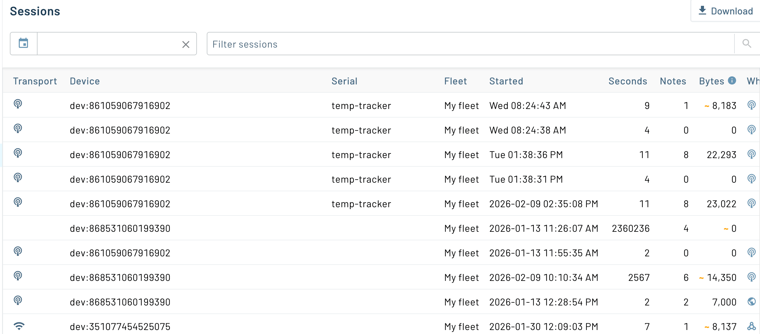 notehub session list