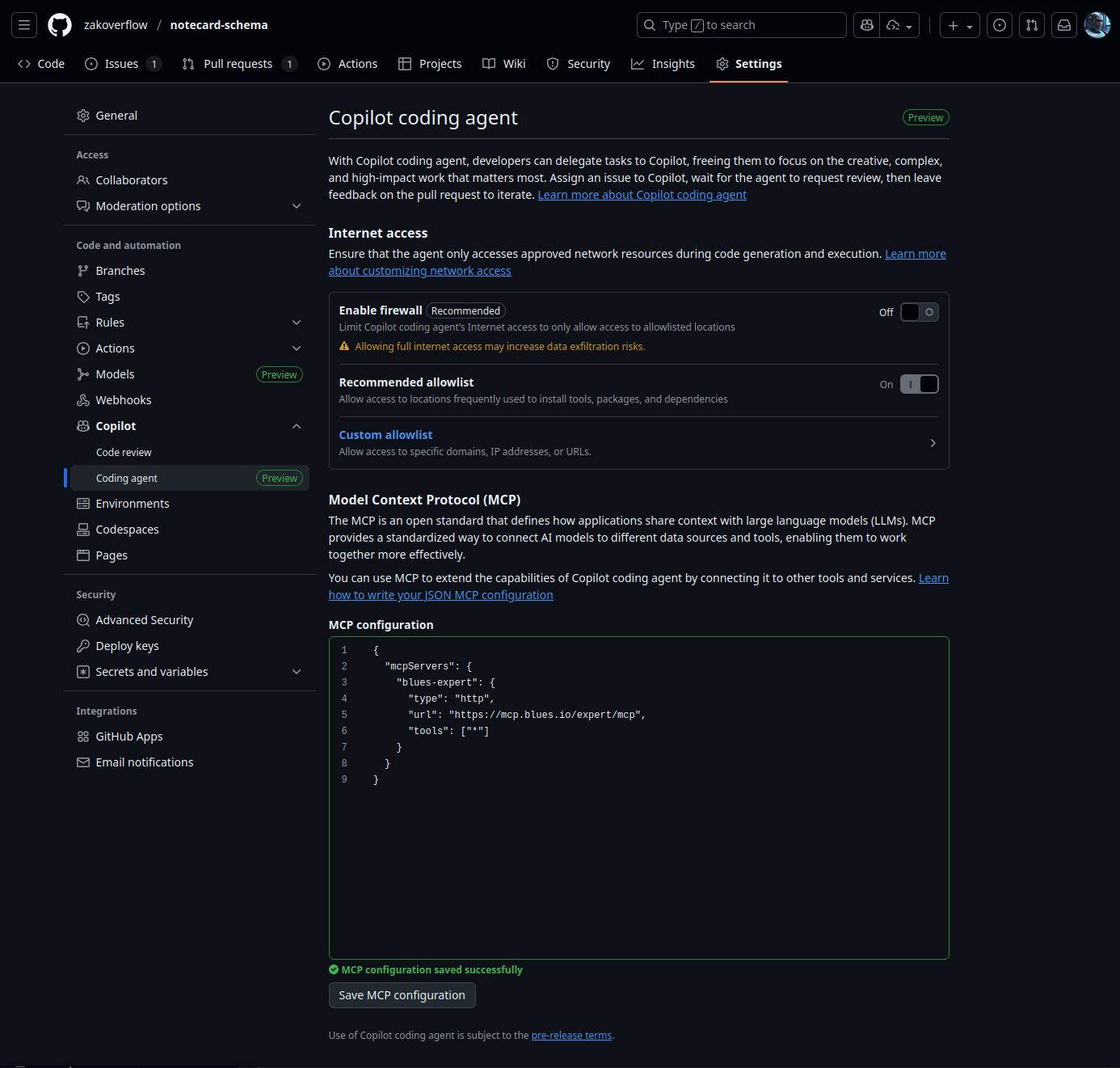 Repository Settings Page (Copilot, Coding Agent Tab)