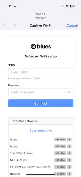 The Notecard WiFi's connection screen