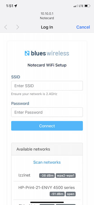 The Notecard WiFi's connection screen