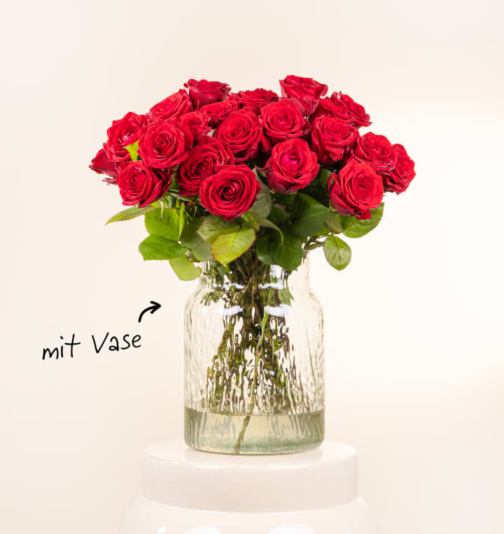 Premium-Rosen in Rot 25 Stiele mit Lieblings-Vase L