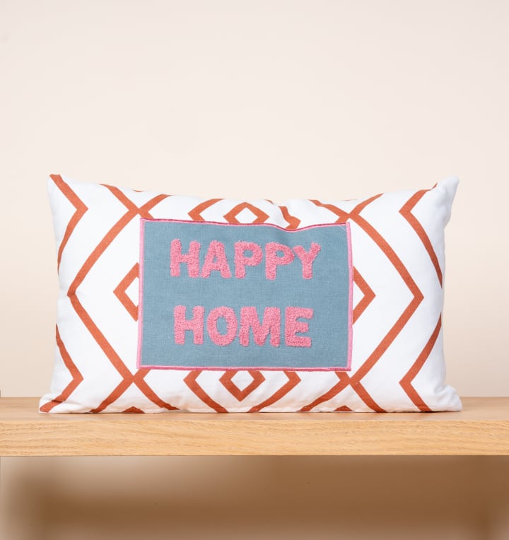 Baumwoll Kissen Schriftzug "Happy Home" Blau