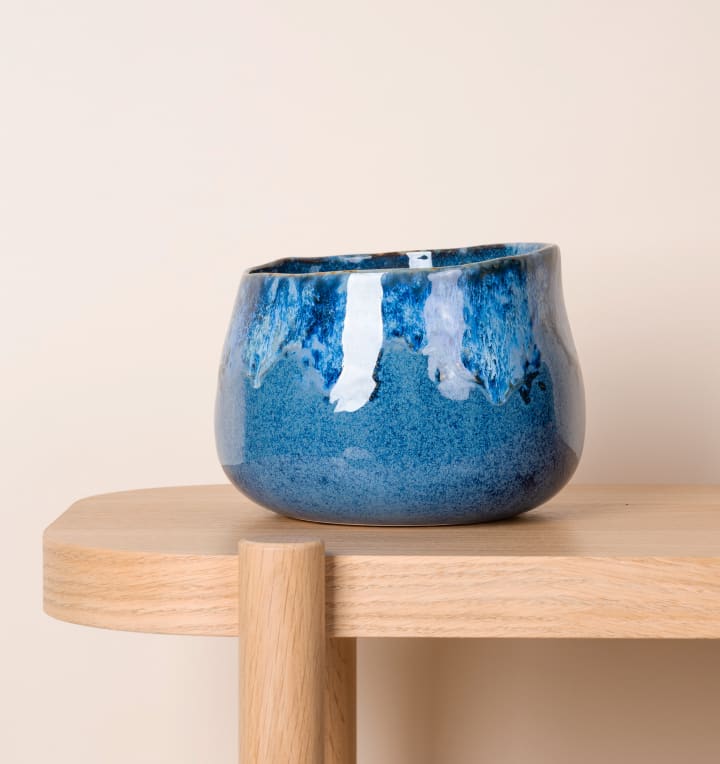 Leaf Keramik-Übertopf Mit Blumenprint – Blau-weißes Design Für Zimmerpflanzen, 12 Cm Hoch
