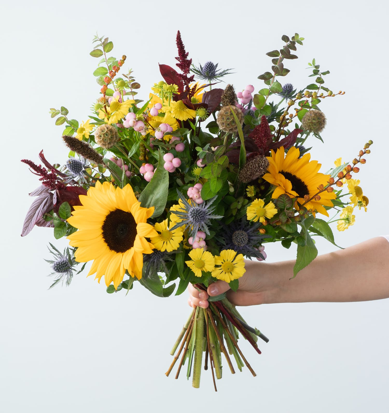 Blumenbund Deike mit Disteln, Montbretien, Pistazie