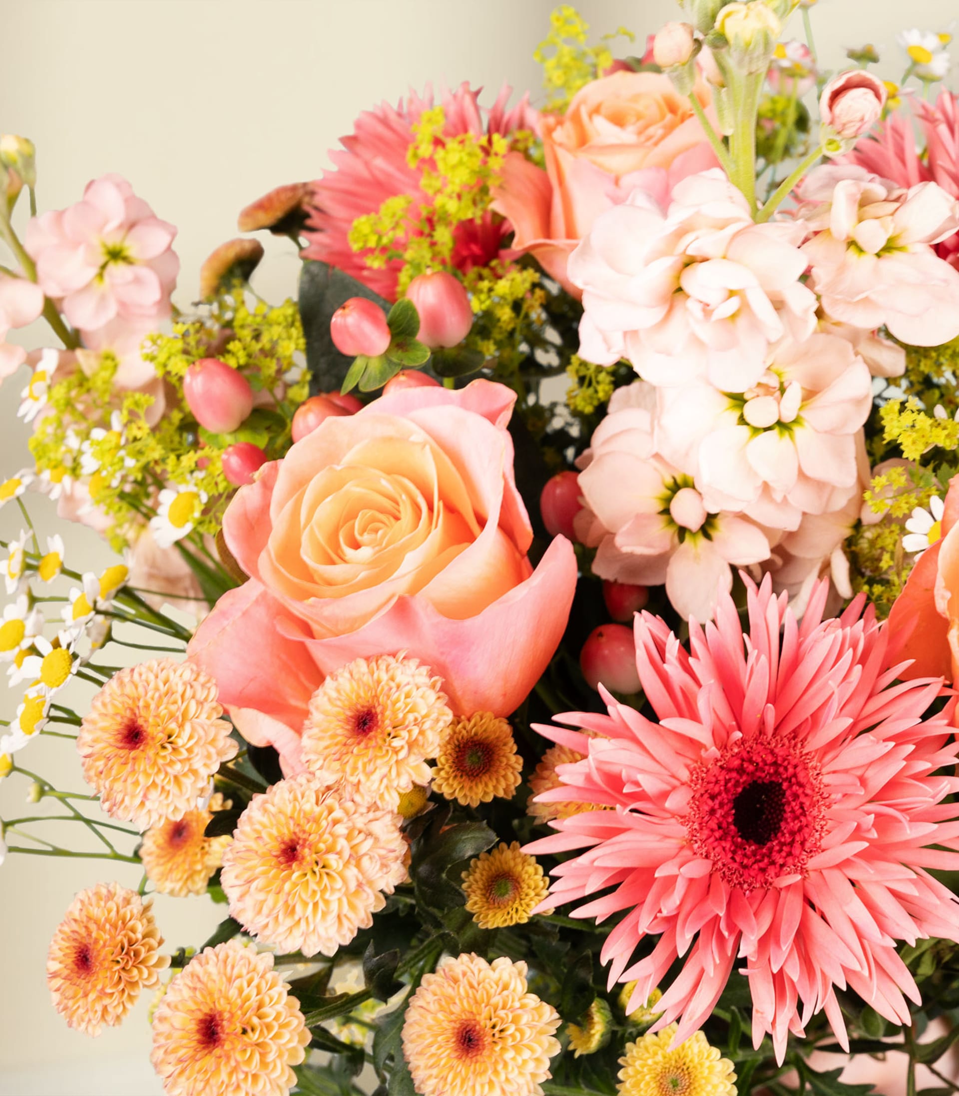 Ein leuchtender Strauß bunter Blumen, darunter Rosen, Gerbera und andere Blüten, wird von einer lächelnden Person in einem Jeanshemd vor einem schlichten weißen Hintergrund gehalten.