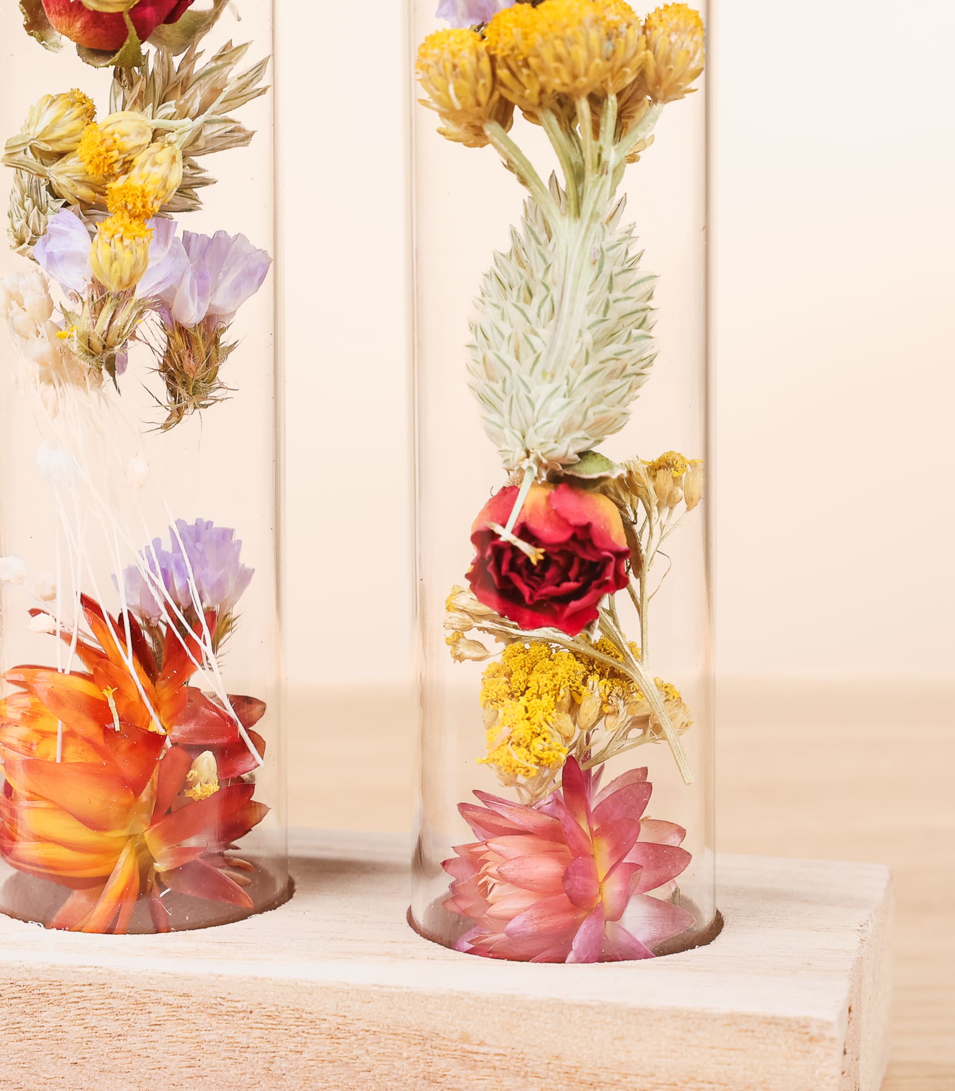 Das Bild zeigt zwei Glasvasen, gefüllt mit einer Auswahl leuchtender, getrockneter Blumen und Blätter, darunter Rosen, Chrysanthemen und andere zarte Blüten, vor einem schlichten, hellen Hintergrund.