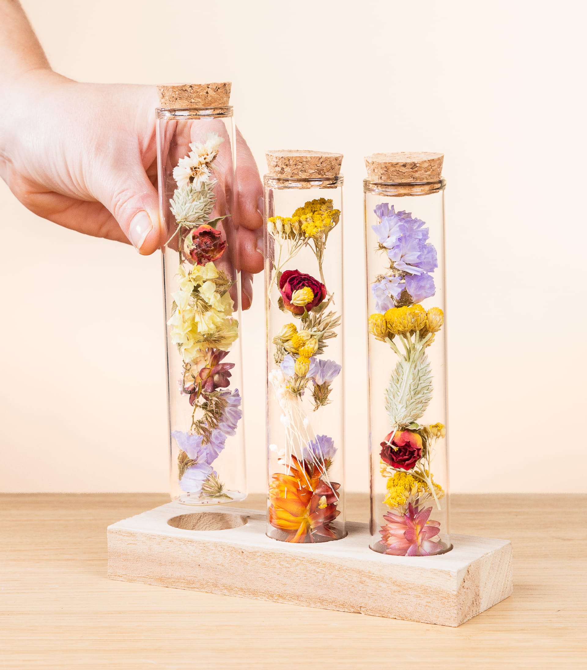 Das Bild zeigt drei Glasgefäße, gefüllt mit verschiedenen getrockneten Blumen und Pflanzen, arrangiert auf einer Holzoberfläche vor einem hellen Hintergrund.