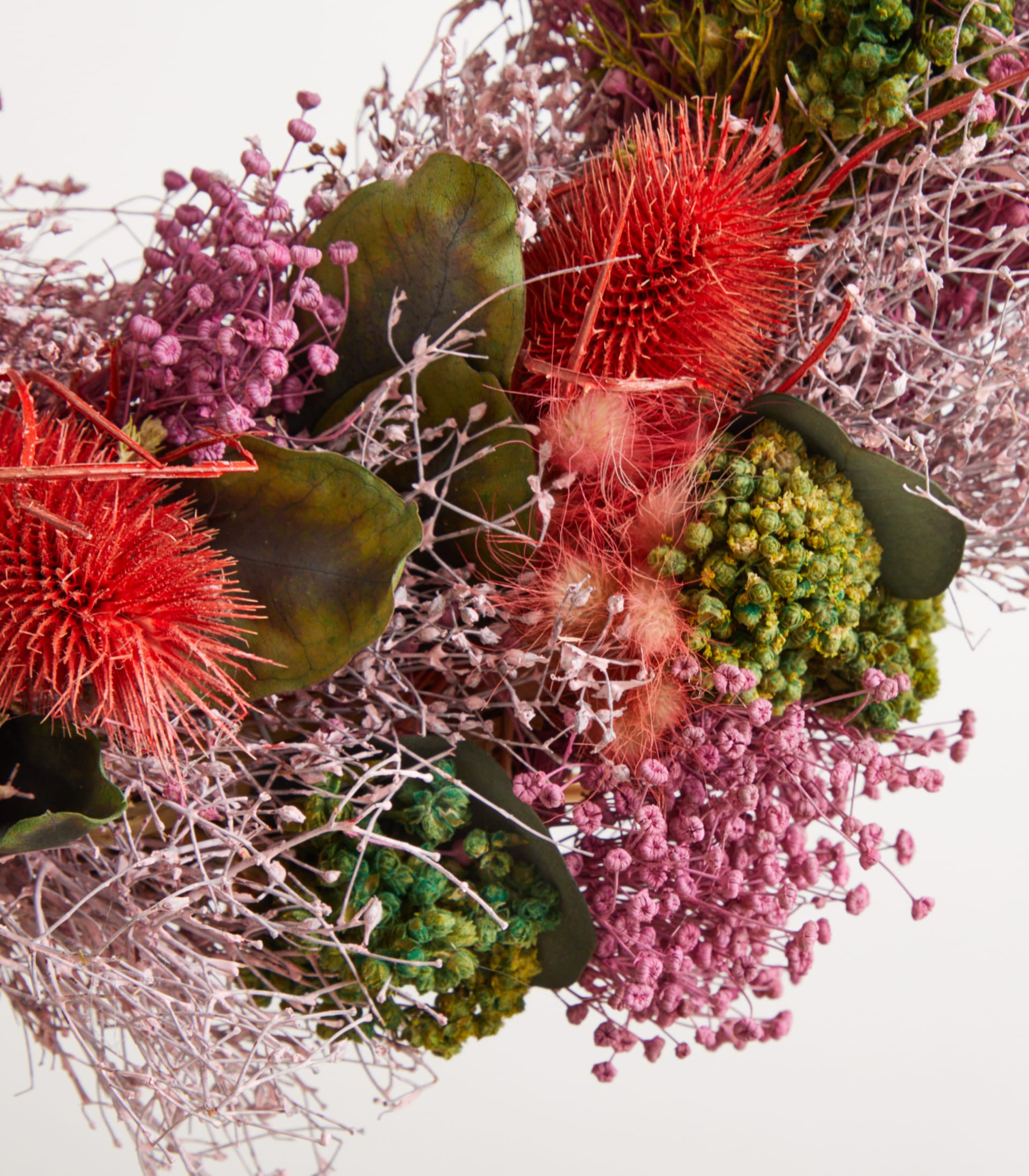 Ein lebendiger Strauß aus roten Flaschenbürstenblüten, grünen Blättern und zarten rosa Blüten vor weißem Hintergrund.