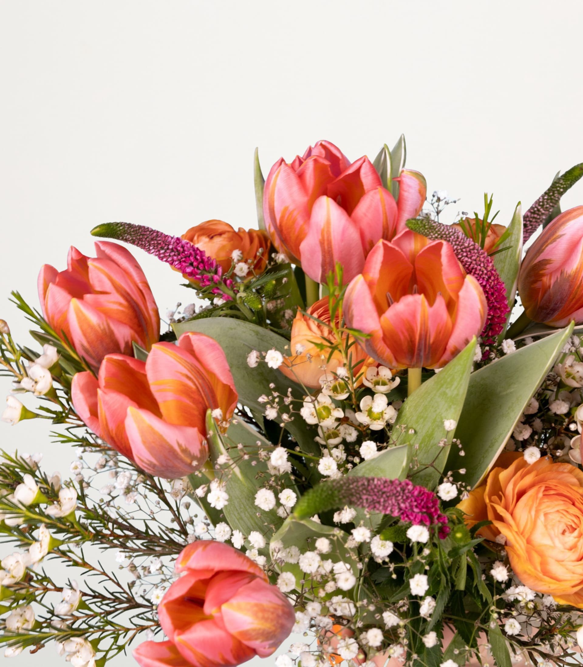 Ein lebendiger Strauß aus rosa Tulpen, orangefarbenen Rosen und anderen bunten Blumen vor einem schlichten weißen Hintergrund.