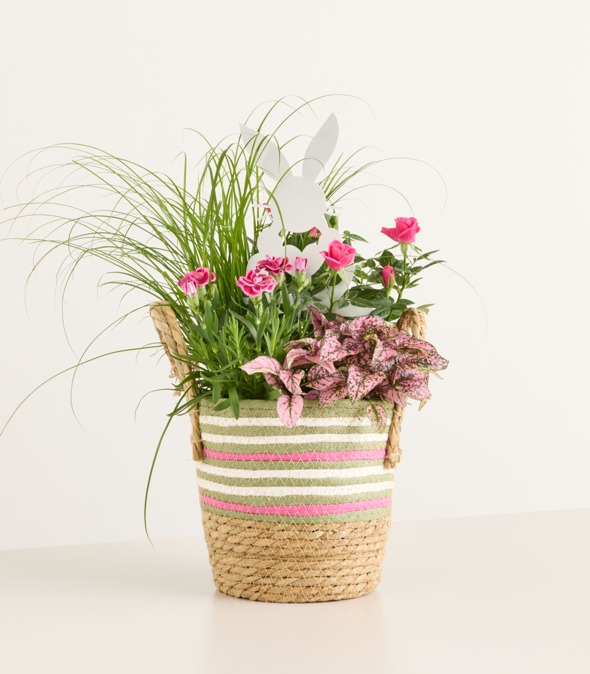Ein lebendiges Arrangement verschiedener rosa und grüner Pflanzen, darunter Rosen und Gräser, präsentiert in einem geflochtenen Korb vor einem schlichten weißen Hintergrund.