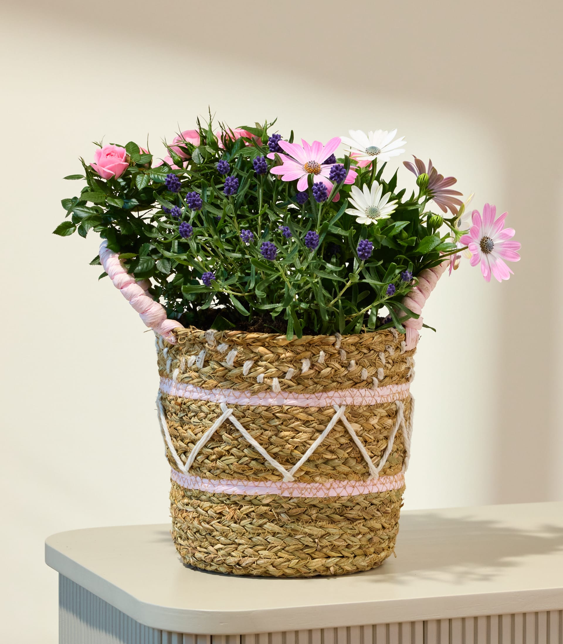 Ein lebendiger Strauß aus rosa Rosen, Gänseblümchen und anderen bunten Blumen, arrangiert in einem geflochtenen Korb vor einem schlichten weißen Hintergrund.