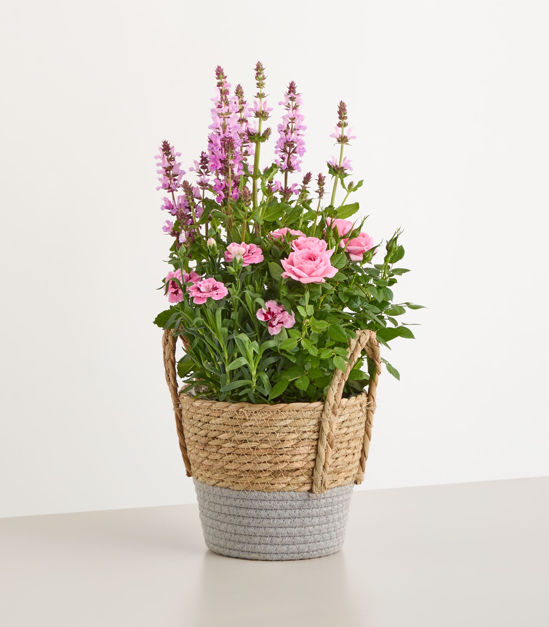 Ein farbenfrohes Arrangement aus rosa Blumen und violetten Blüten in einem geflochtenen Korb vor einem schlichten weißen Hintergrund.