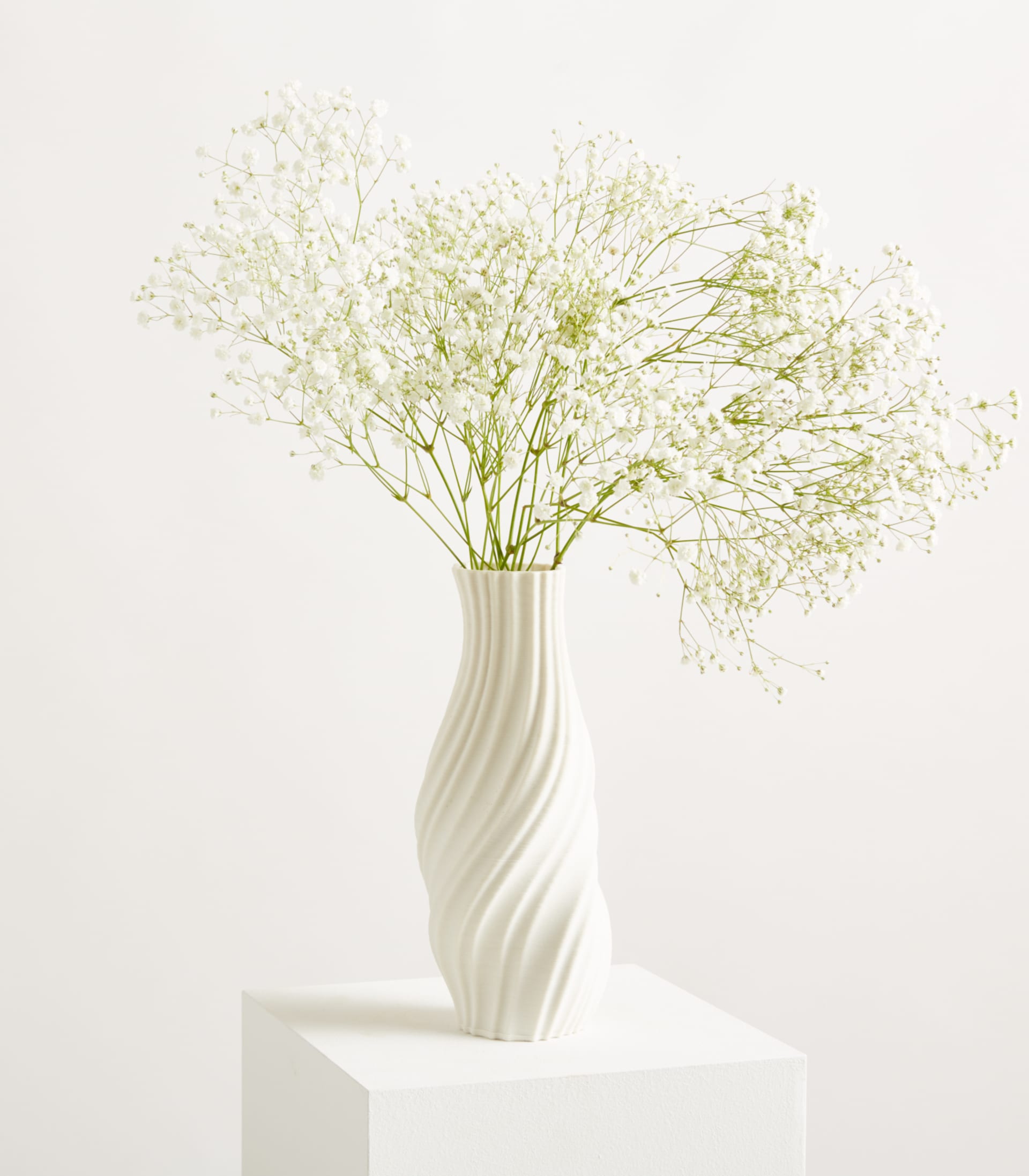 Ein Strauß zarter, weißer Schleierkrautblüten steht vor einem schlichten, hellen Hintergrund und schafft eine heitere und minimalistische Komposition.