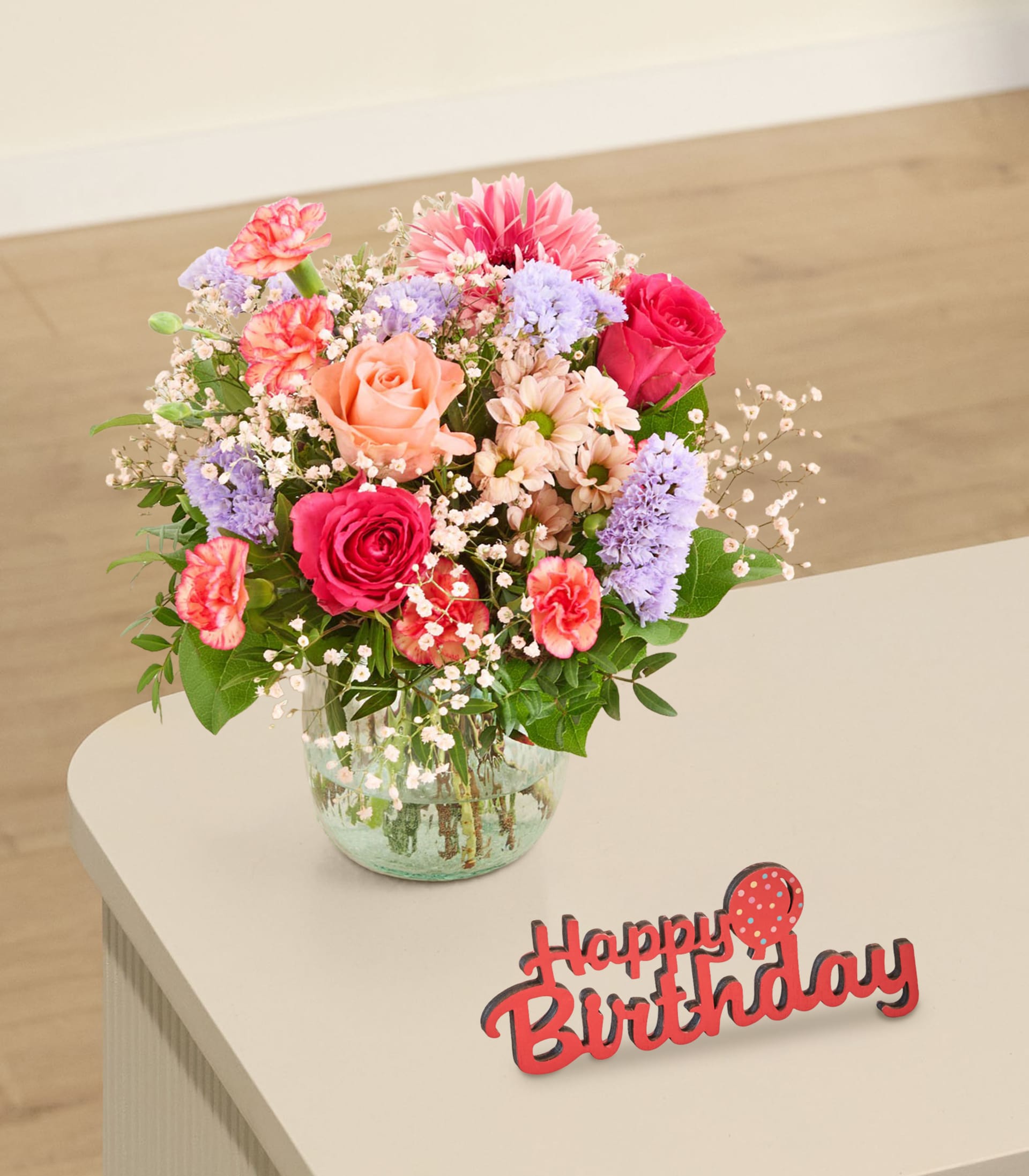 Frühling mit Holzschriftzug Happy Birthday