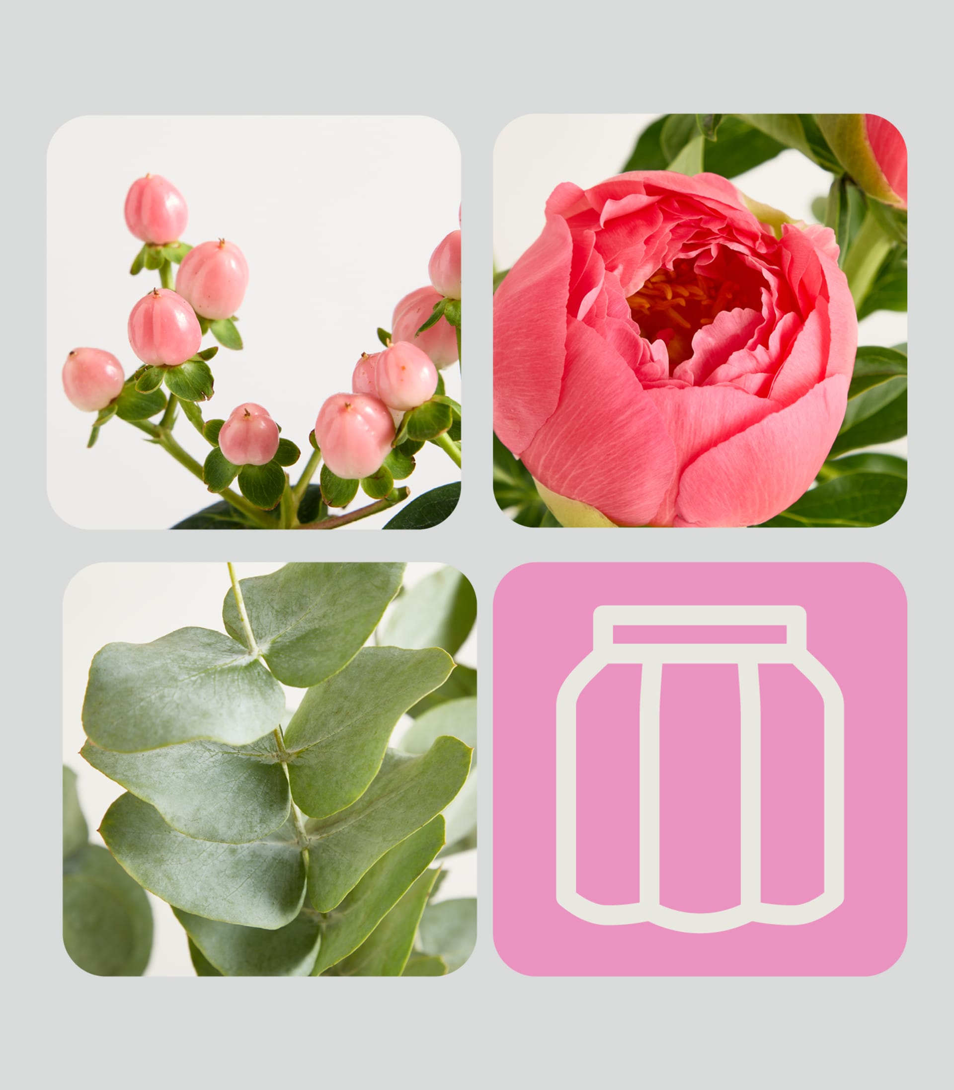 Vier quadratische Tafeln zeigen Nahaufnahmen von rosa Johannisbeerbeeren, einer knospenden rosa Pfingstrose, Eukalyptusblättern und den rosa Umriss einer Vase.