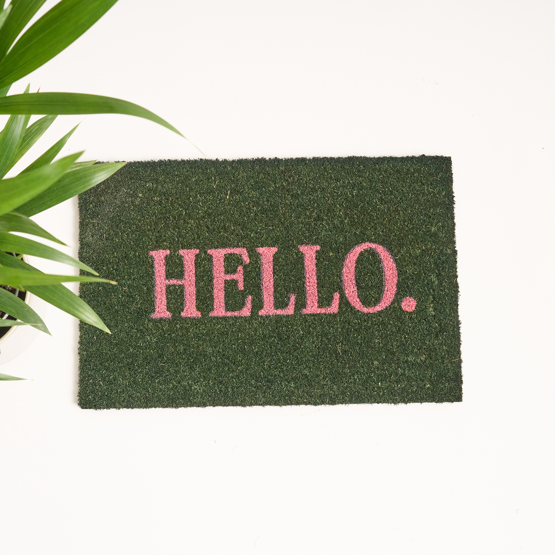 Eine grüne Fußmatte mit dem Wort „HELLO“ in rosa Schrift liegt vor einigen üppigen, grünen Blättern.
