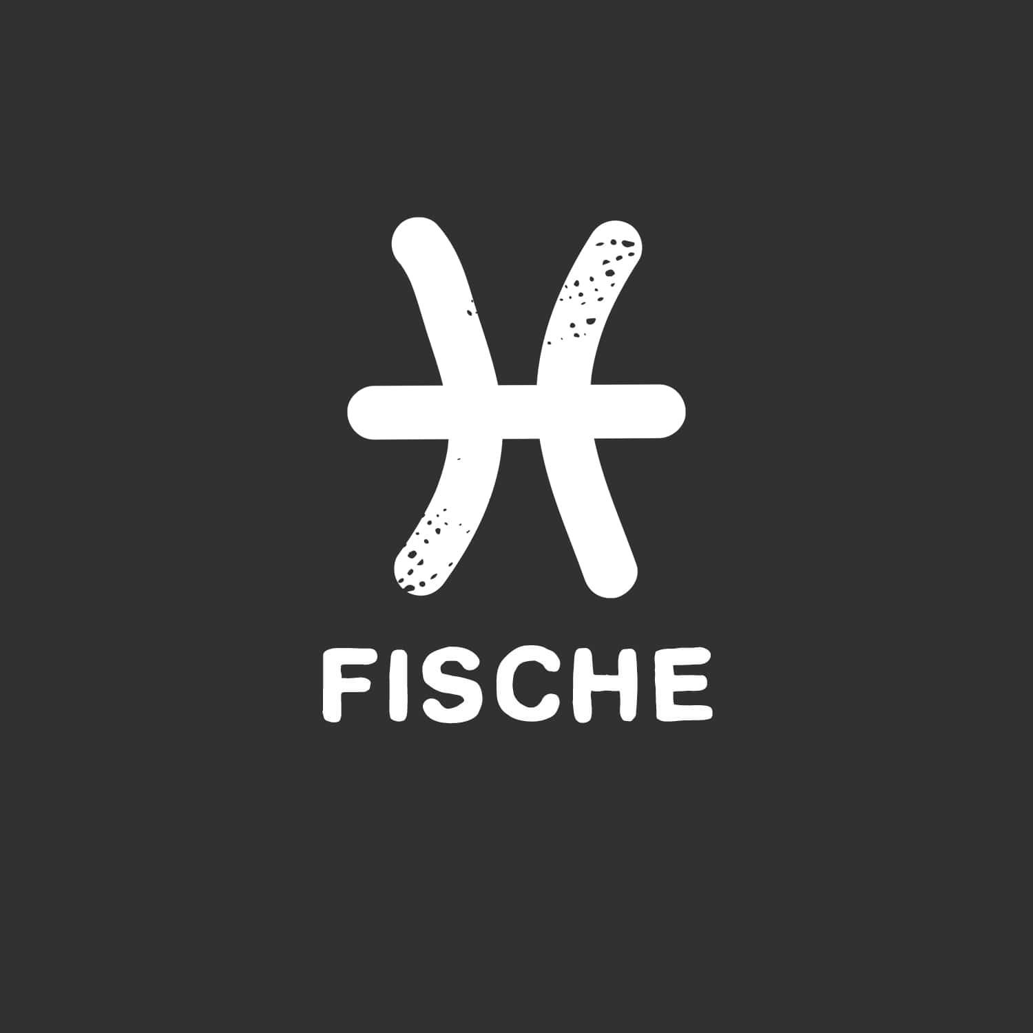 Das Bild zeigt ein weißes Symbol, das einem Fisch auf dunklem Hintergrund ähnelt, darunter steht das deutsche Wort „FISCHE“.