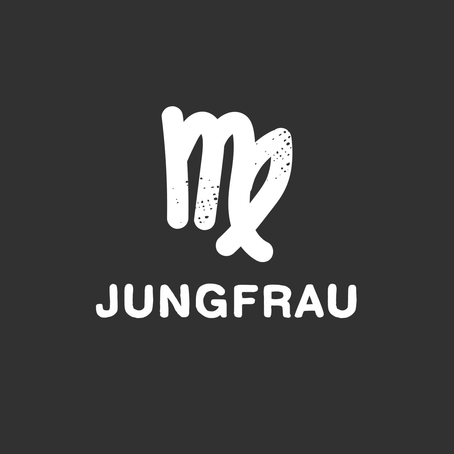 Das Bild zeigt das astrologische Symbol für das Sternzeichen Jungfrau, begleitet vom deutschen Wort „Jungfrau“, was auf Englisch „Jungfrau“ bedeutet.
