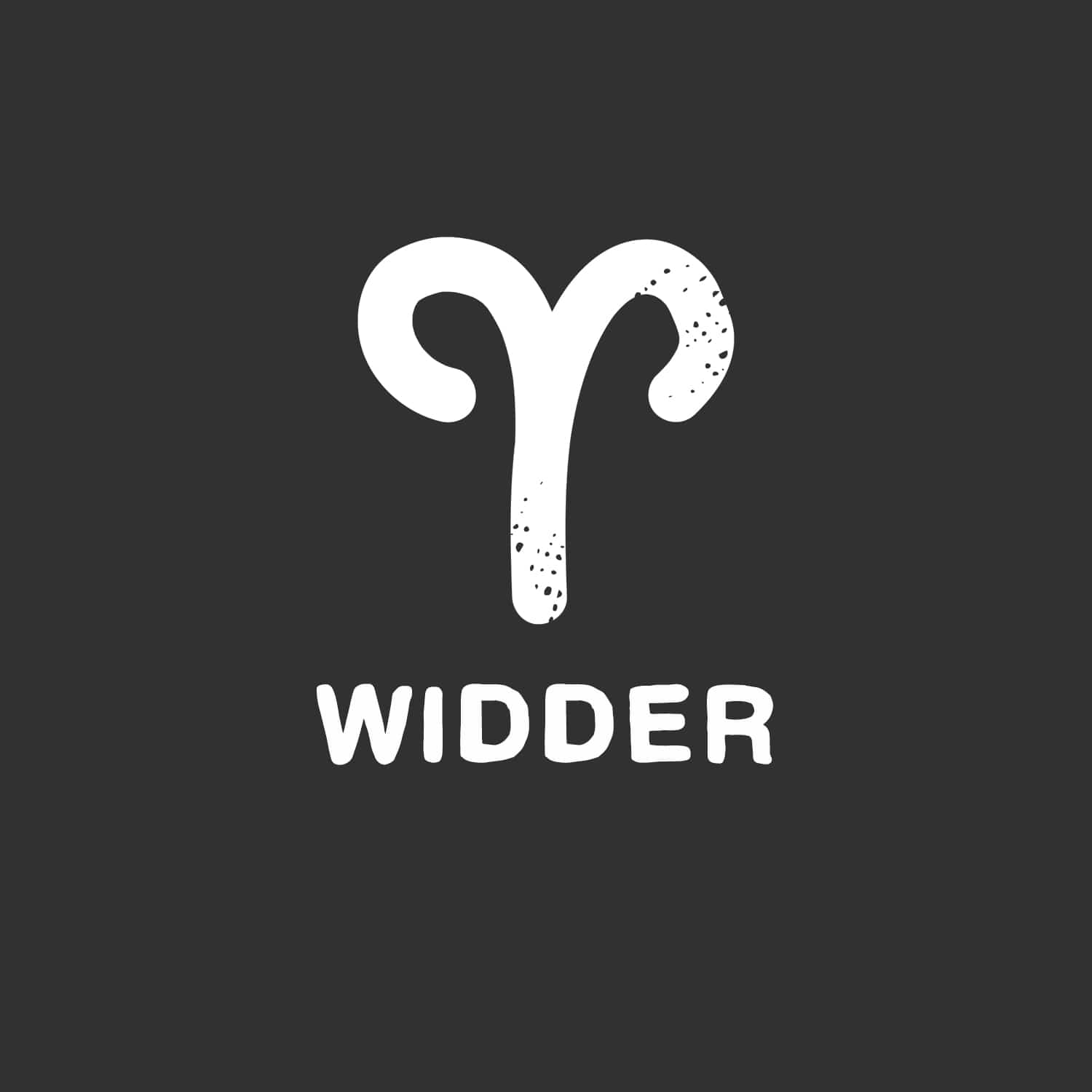 Das Bild zeigt das weiße astrologische Symbol für Widder, den Schafbock, vor einem dunklen Hintergrund, darunter steht der Text „WIDDER“.