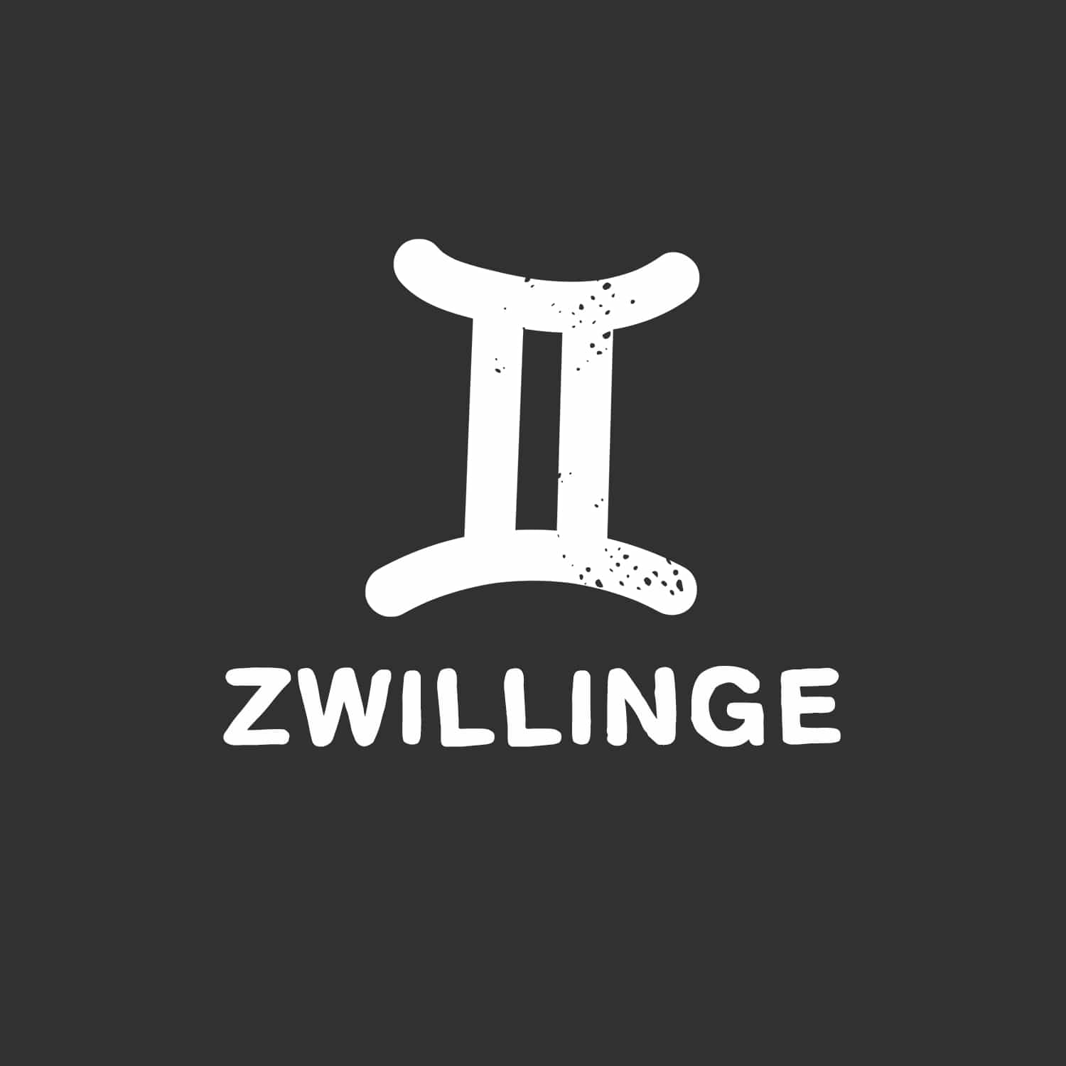 Das Bild zeigt ein weißes, stilisiertes Symbol, das dem Sternzeichen Zwillinge ähnelt, vor einem dunklen Hintergrund, darunter der Text „ZWILLINGE“.