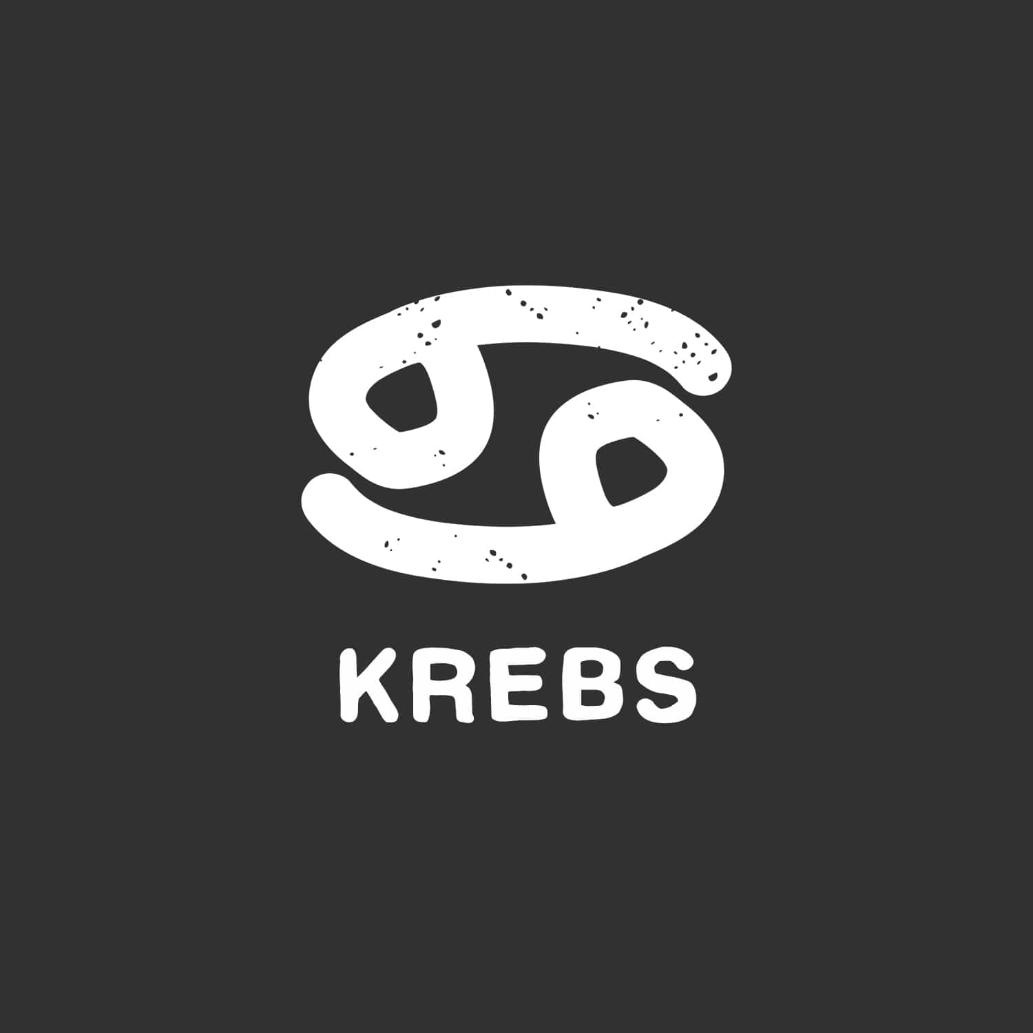 Das Bild zeigt ein weißes, krabbenähnliches Symbol auf dunklem Hintergrund, darunter steht das Wort „KREBS“.