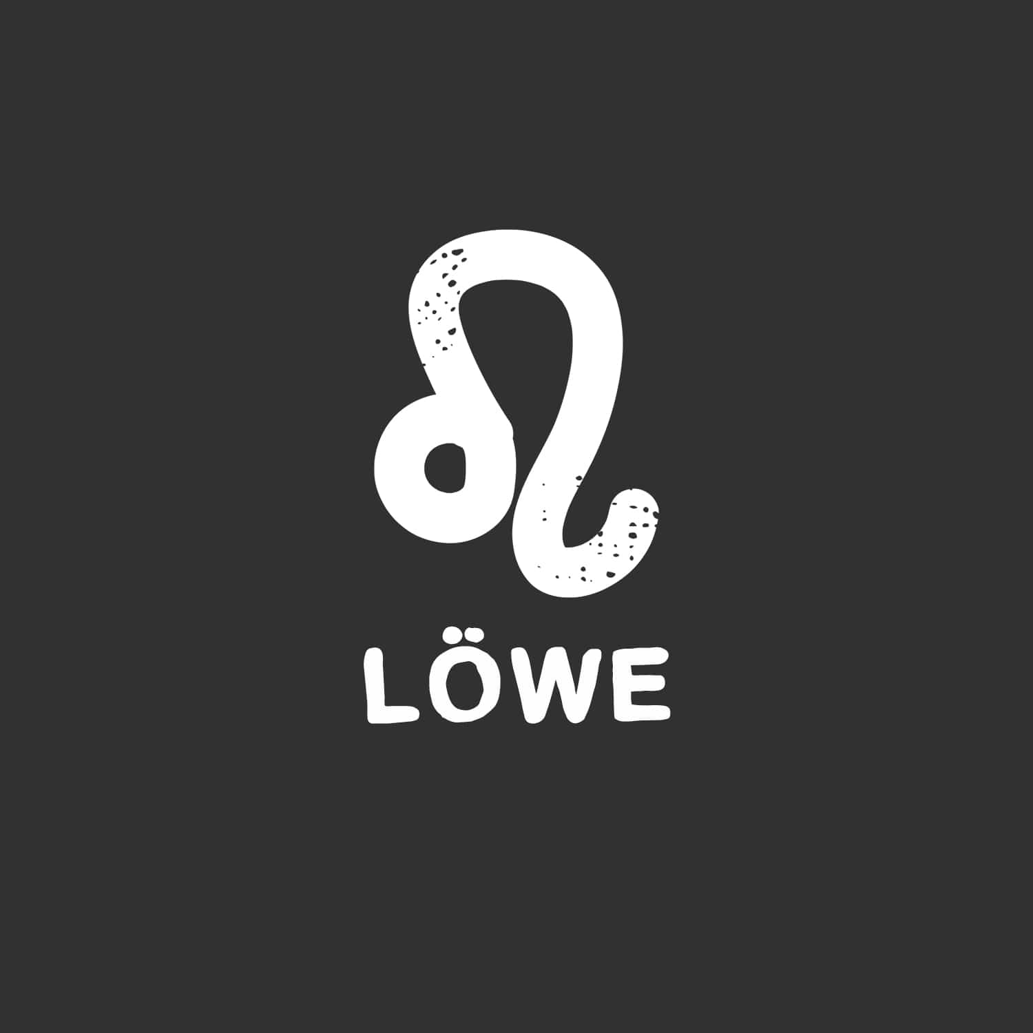 Das Bild zeigt ein weißes, stilisiertes Sternzeichen Löwe vor einem dunklen Hintergrund, darunter steht das Wort „LOWE“.