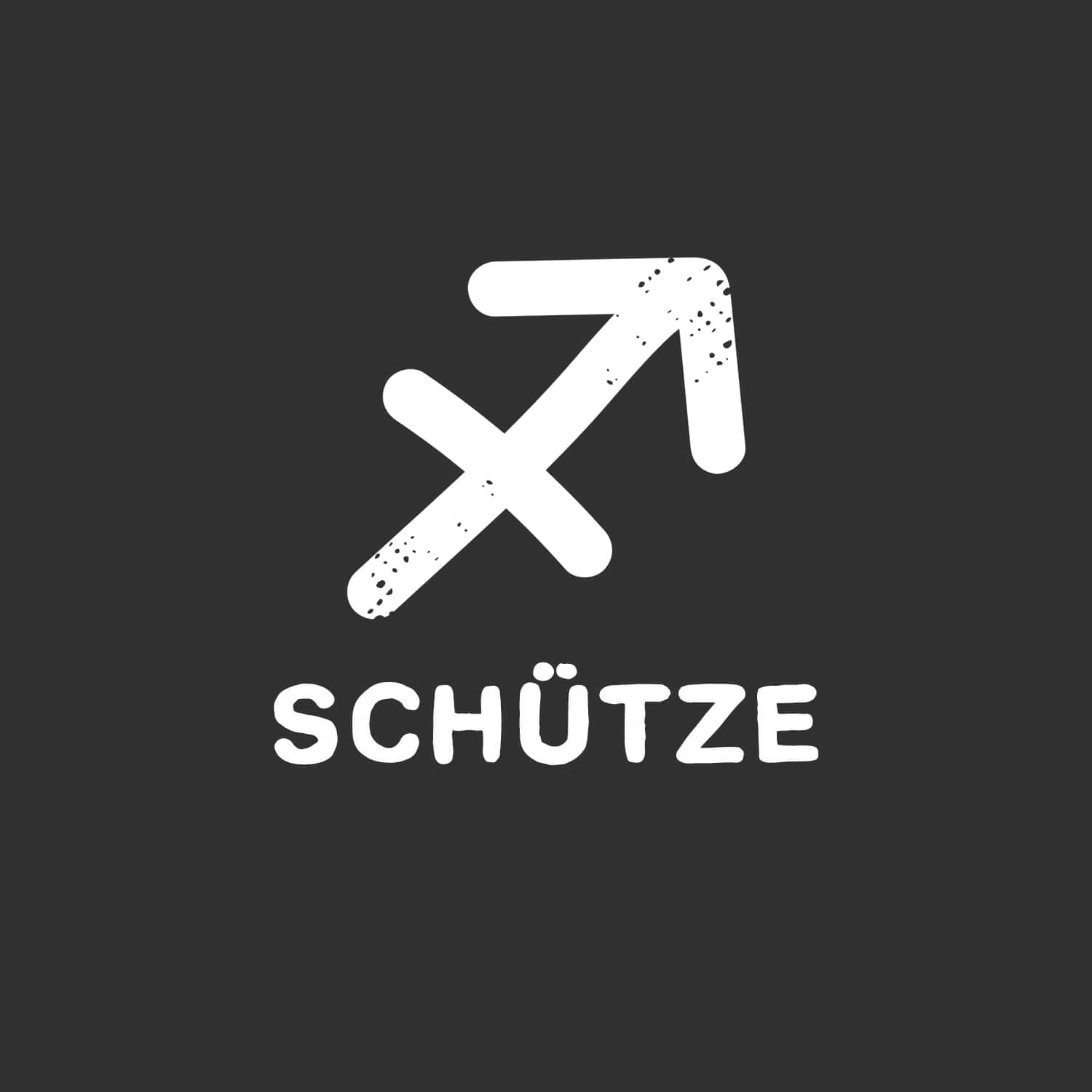 Das Bild zeigt ein weißes Sternzeichen Schütze auf dunklem Hintergrund, darunter steht das deutsche Wort „SCHUTZE“.