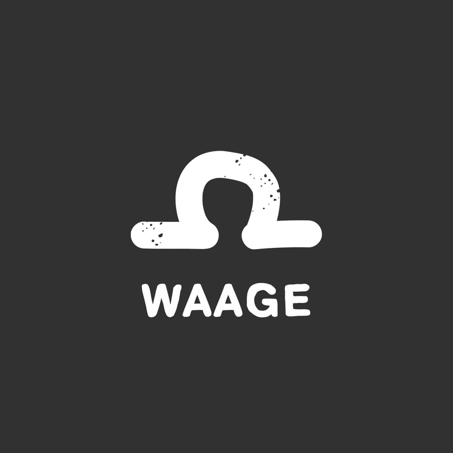 Das Bild zeigt ein weißes Symbol, das dem Sternzeichen Waage ähnelt, auf dunklem Hintergrund, darunter steht das Wort „WAAGE“.