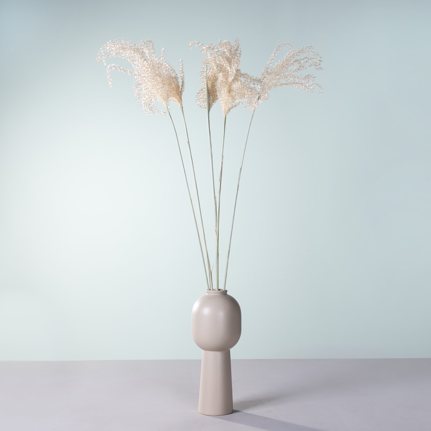 Ein zartes Arrangement aus flauschigen, federleichten Pampasgras-Stängeln in einer einfachen, blassrosa Keramikvase vor einem weichen, gedämpften blaugrauen Hintergrund.