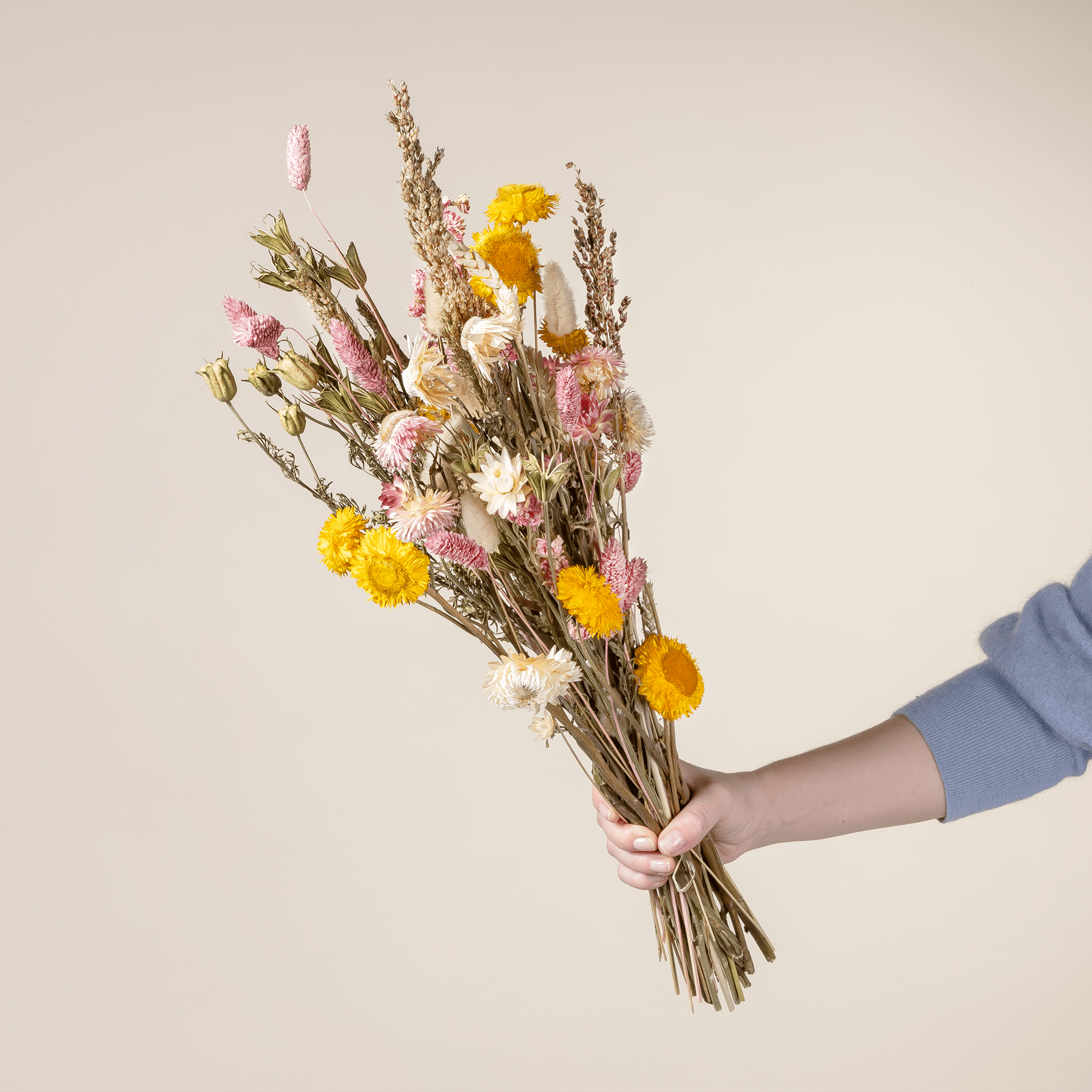 Ein lebendiger Strauß bunter Wildblumen und getrockneter Stängel wird vor einem schlichten, beigen Hintergrund in den Händen einer Person gehalten.