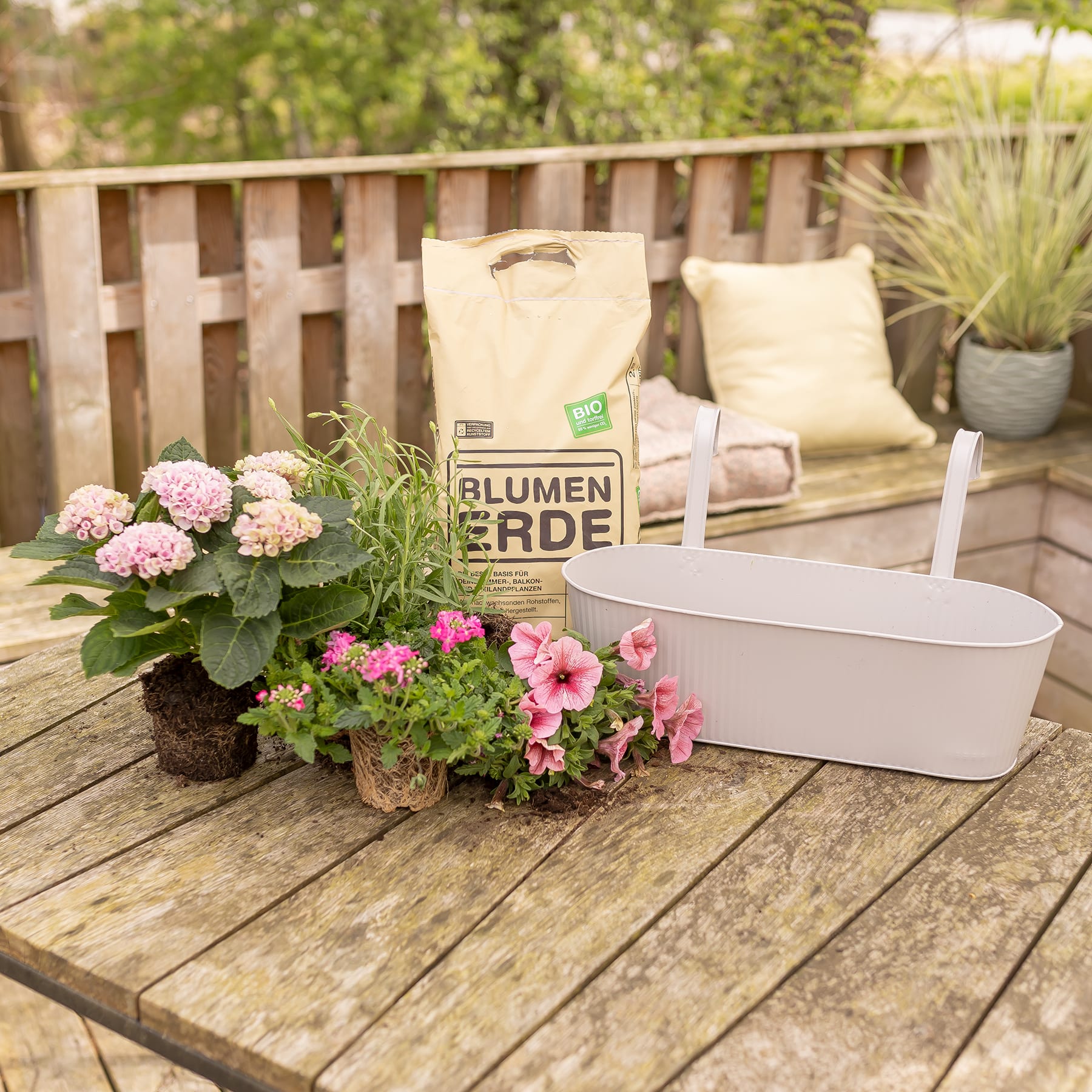 Im Vordergrund eine Holzterrasse mit Topfpflanzen, Kissen und einer Tüte mit der Aufschrift „Blumen Erde“, im Hintergrund ein Holzzaun und Grünpflanzen.