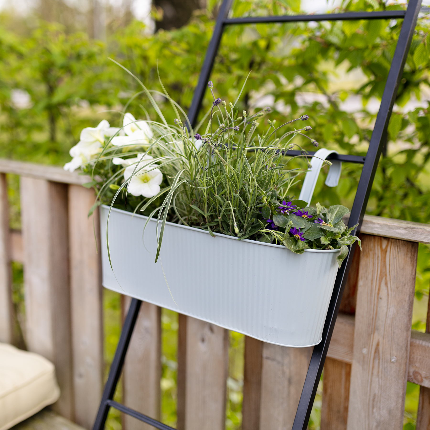 Ein weißer Pflanzkasten voller üppiger Pflanzen und Blumen steht auf einem Holzgeländer, vor einem unscharfen natürlichen Hintergrund aus Bäumen und Blättern.