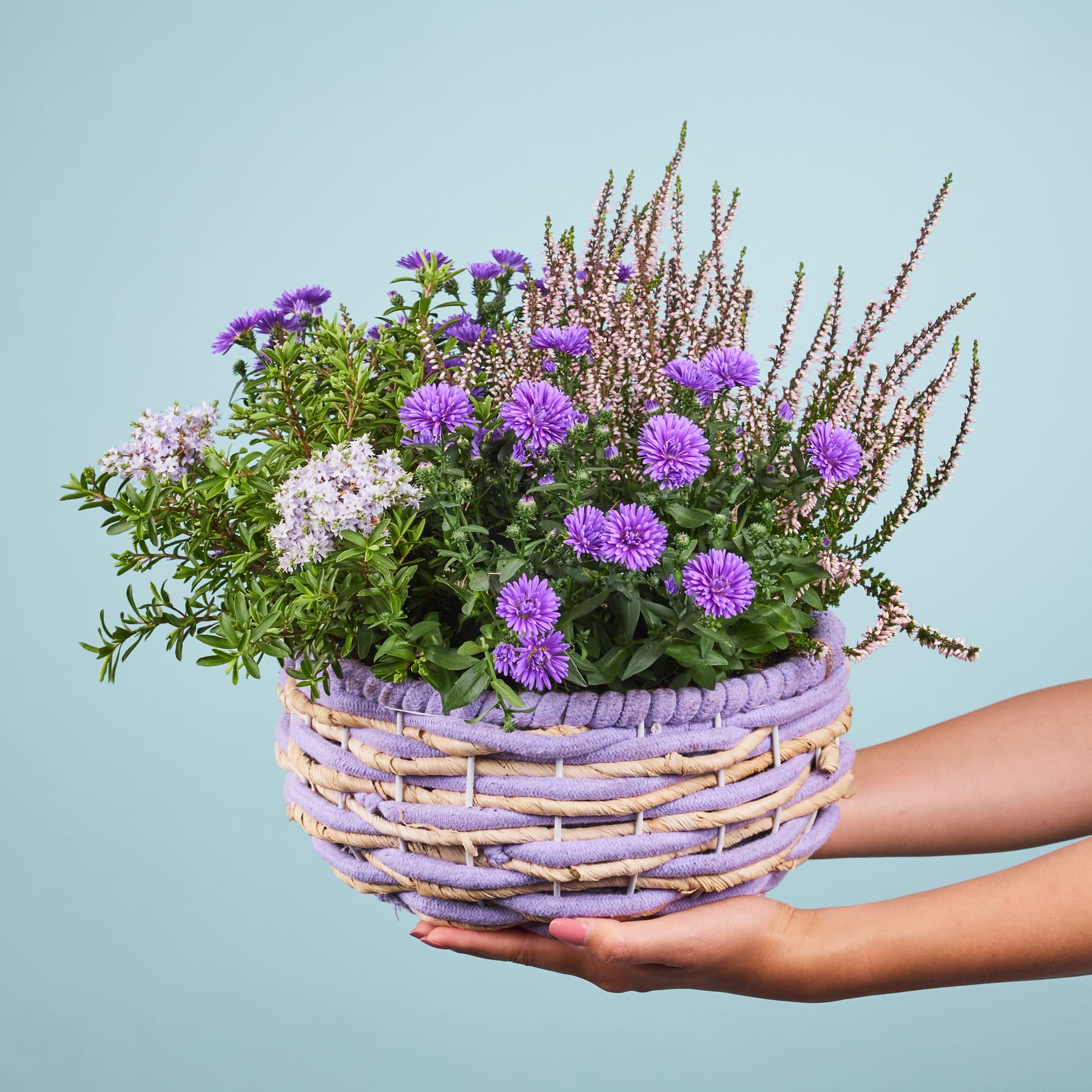 Ein geflochtener Korb, gefüllt mit einer farbenfrohen Auswahl an violetten und weißen Blumen, in den Händen gehalten vor einem hellblauen Hintergrund.