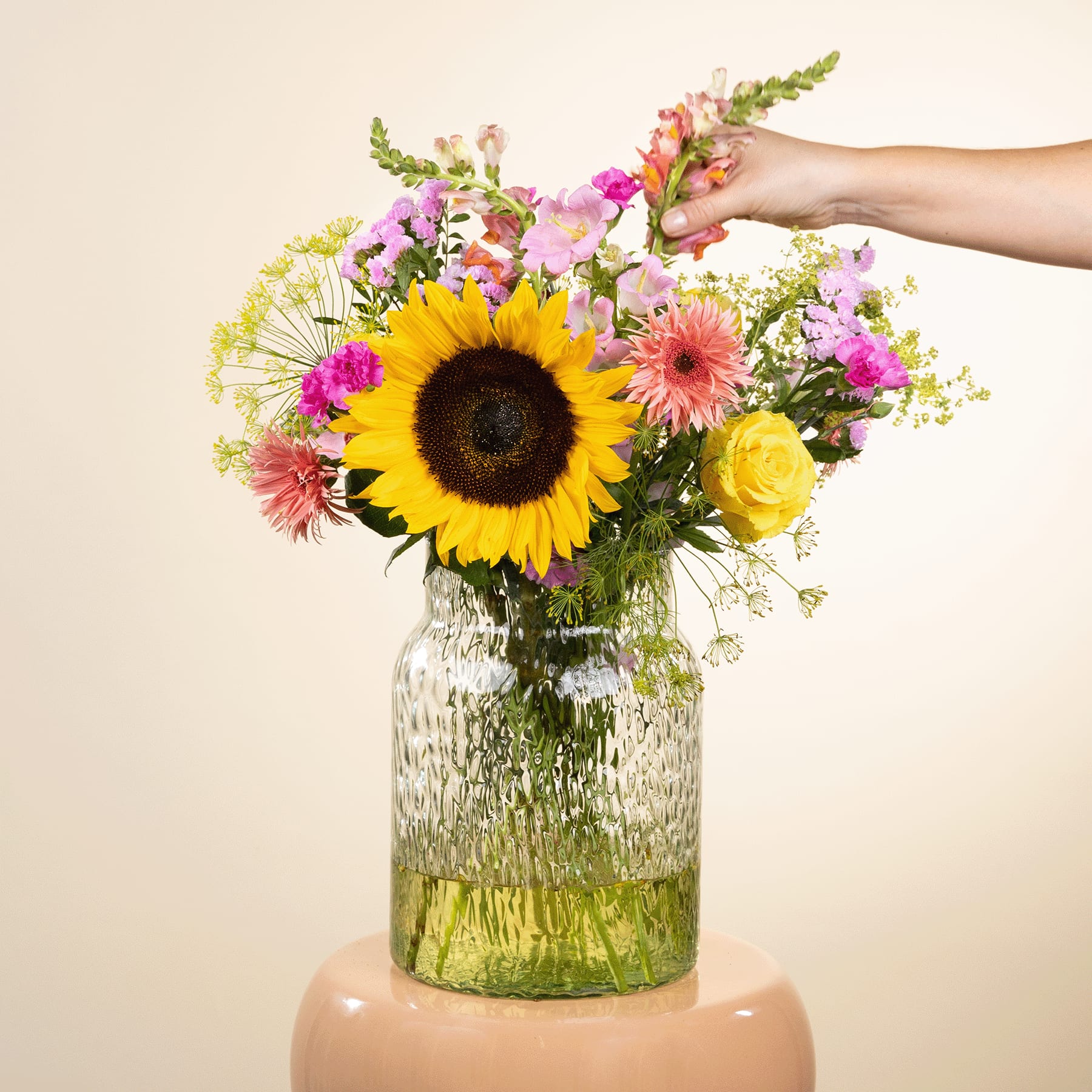 Ein lebendiger Strauß aus Sonnenblumen, Gänseblümchen und anderen bunten Blumen in einer Glasvase, mit einer Hand, die die Vase vor einem schlichten Hintergrund hält.