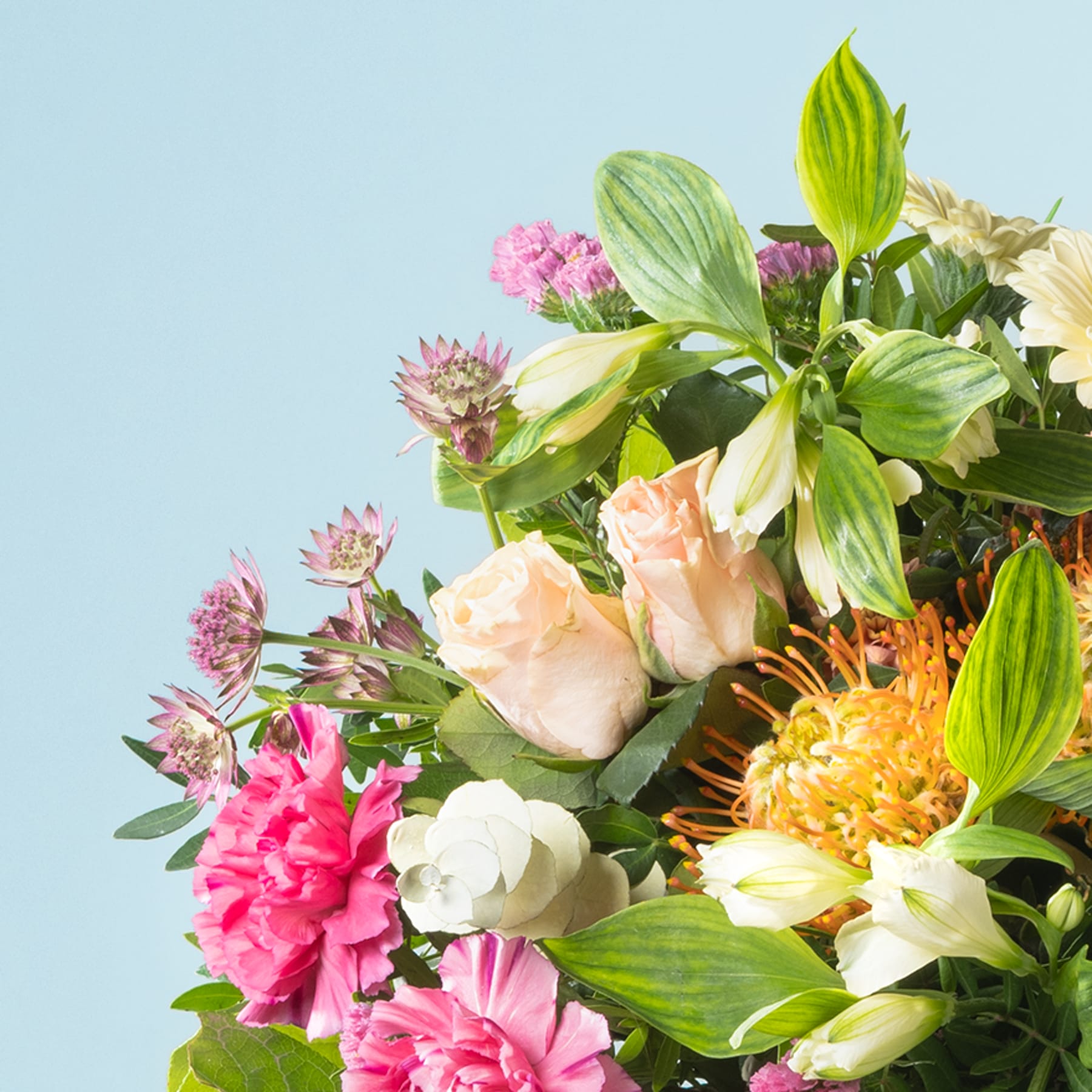 Ein lebendiger Strauß verschiedener Blumen, darunter rosa Pfingstrosen, gelbe Sonnenblumen und grünes Laub, vor einem sanften blauen Hintergrund.