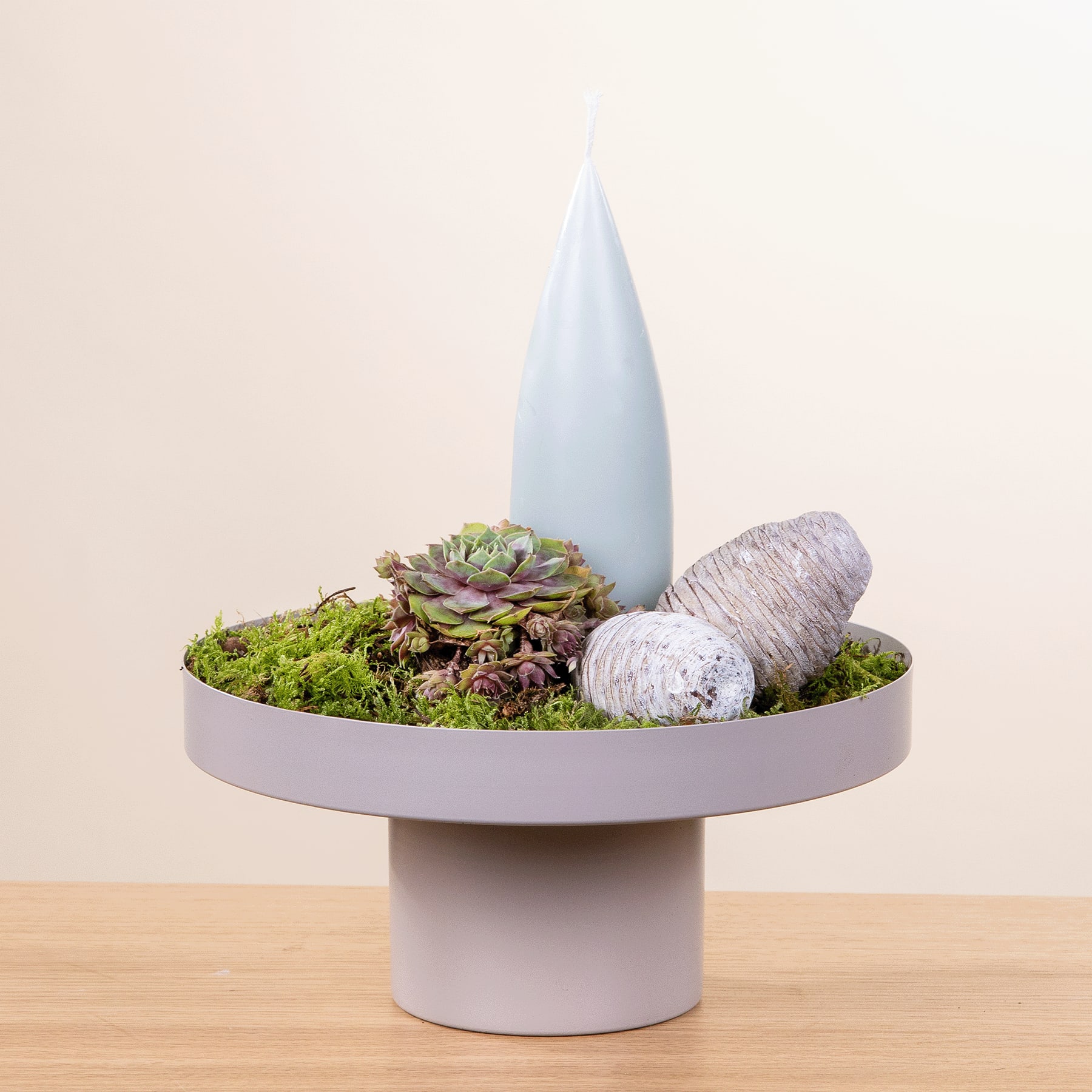 Ein minimalistisches, modernes Arrangement mit einer Sukkulente, einem glatten Stein und einer hohen, schlanken Glasvase auf einer Holzoberfläche.