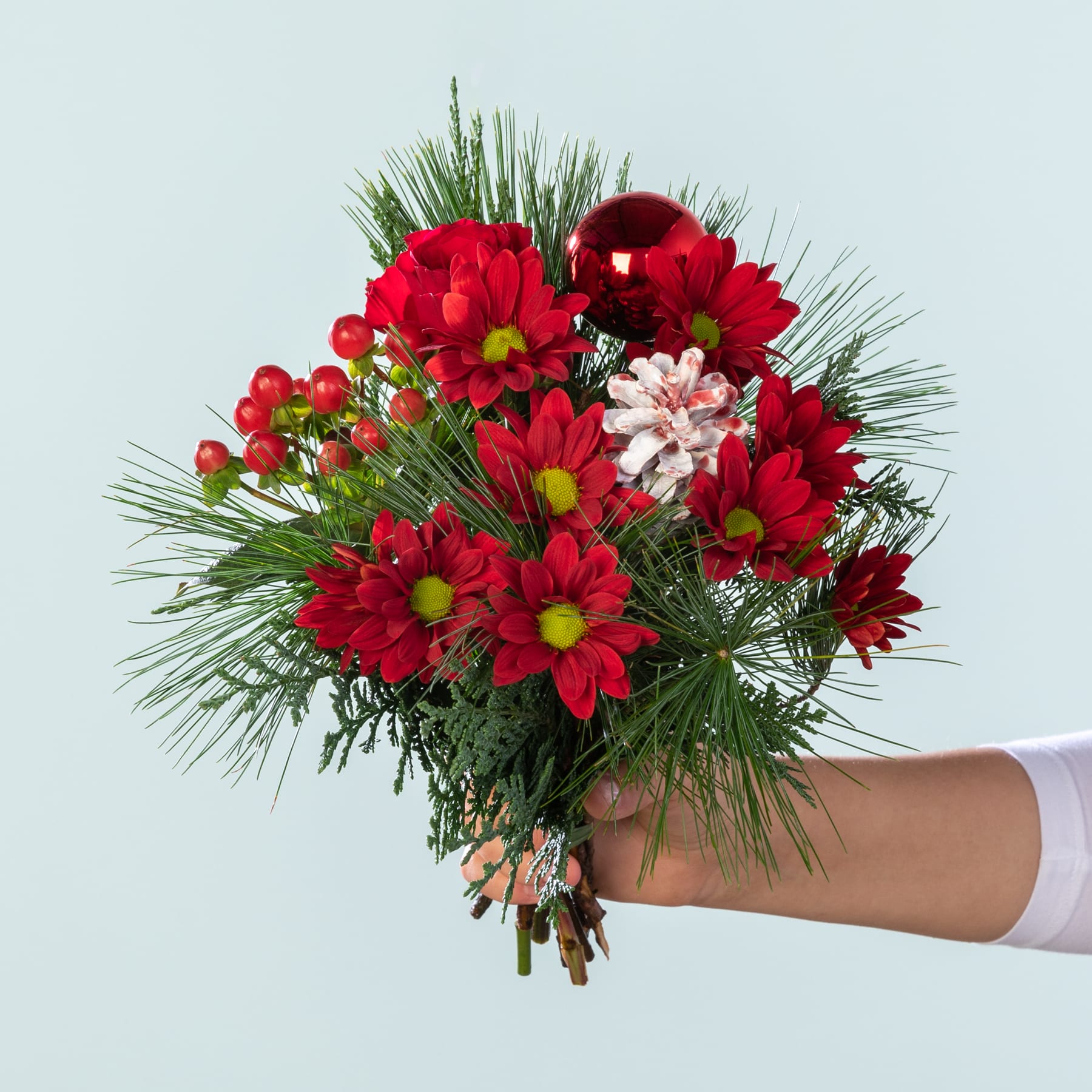 Ein leuchtender Strauß roter und rosa Blumen, darunter Gänseblümchen und andere Blüten, in einer Hand gehalten vor einem hellblauen Hintergrund.