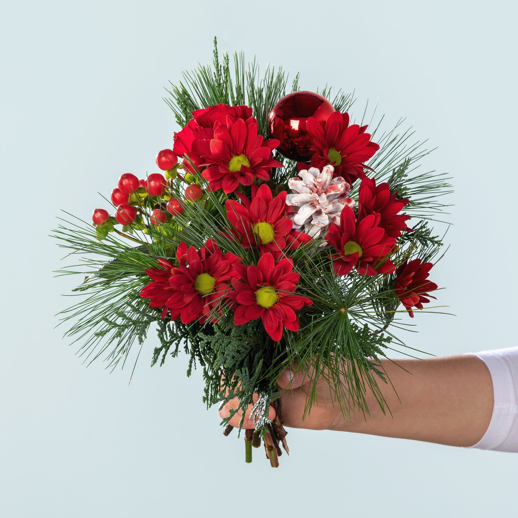 Ein leuchtender Strauß roter und rosa Blumen, darunter Gänseblümchen und andere Blüten, in einer Hand gehalten vor einem schlichten hellblauen Hintergrund.