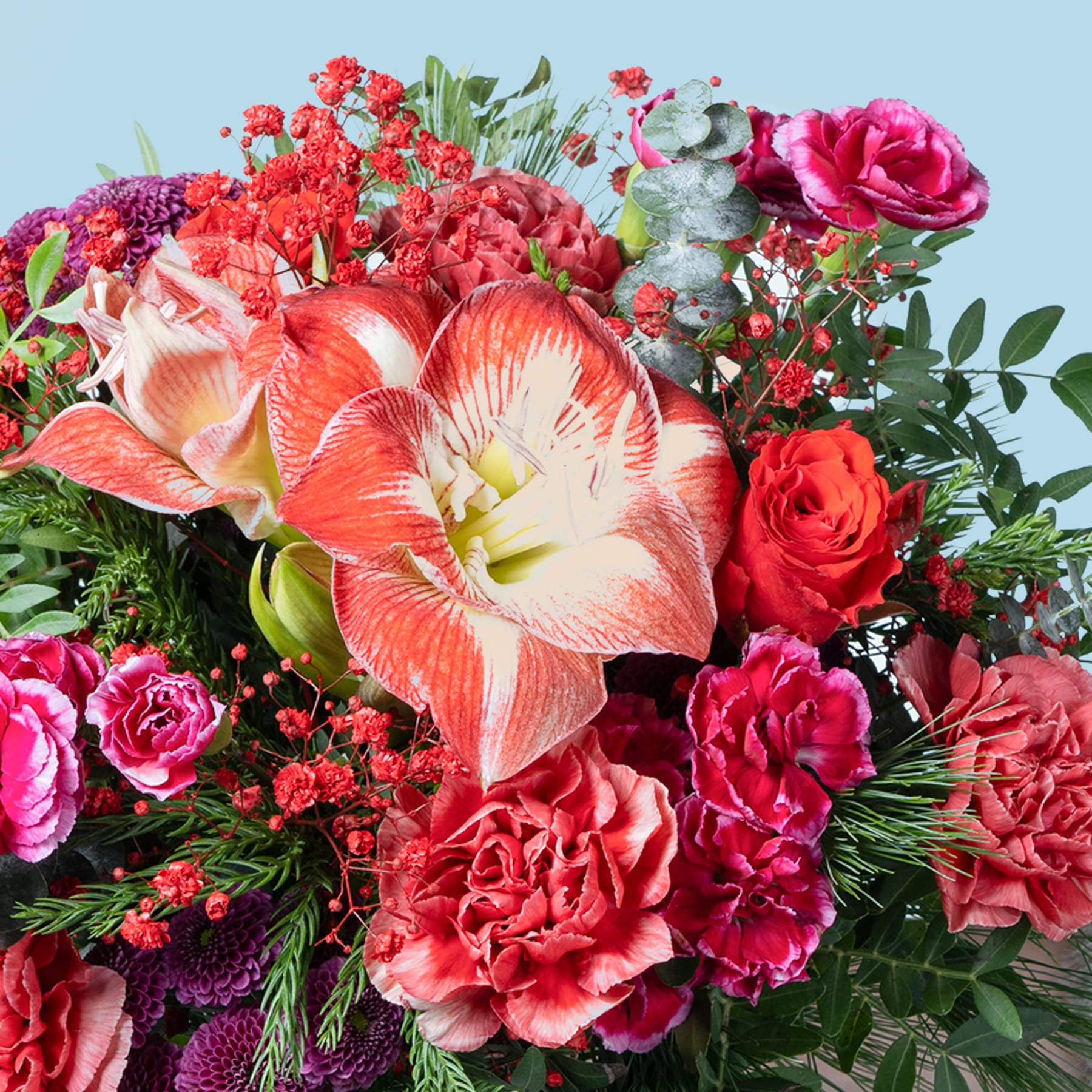 Ein leuchtender Strauß roter, rosa und orangefarbener Blumen, darunter Rosen, Nelken und eine Amaryllis, vor dem Hintergrund eines klaren blauen Himmels.