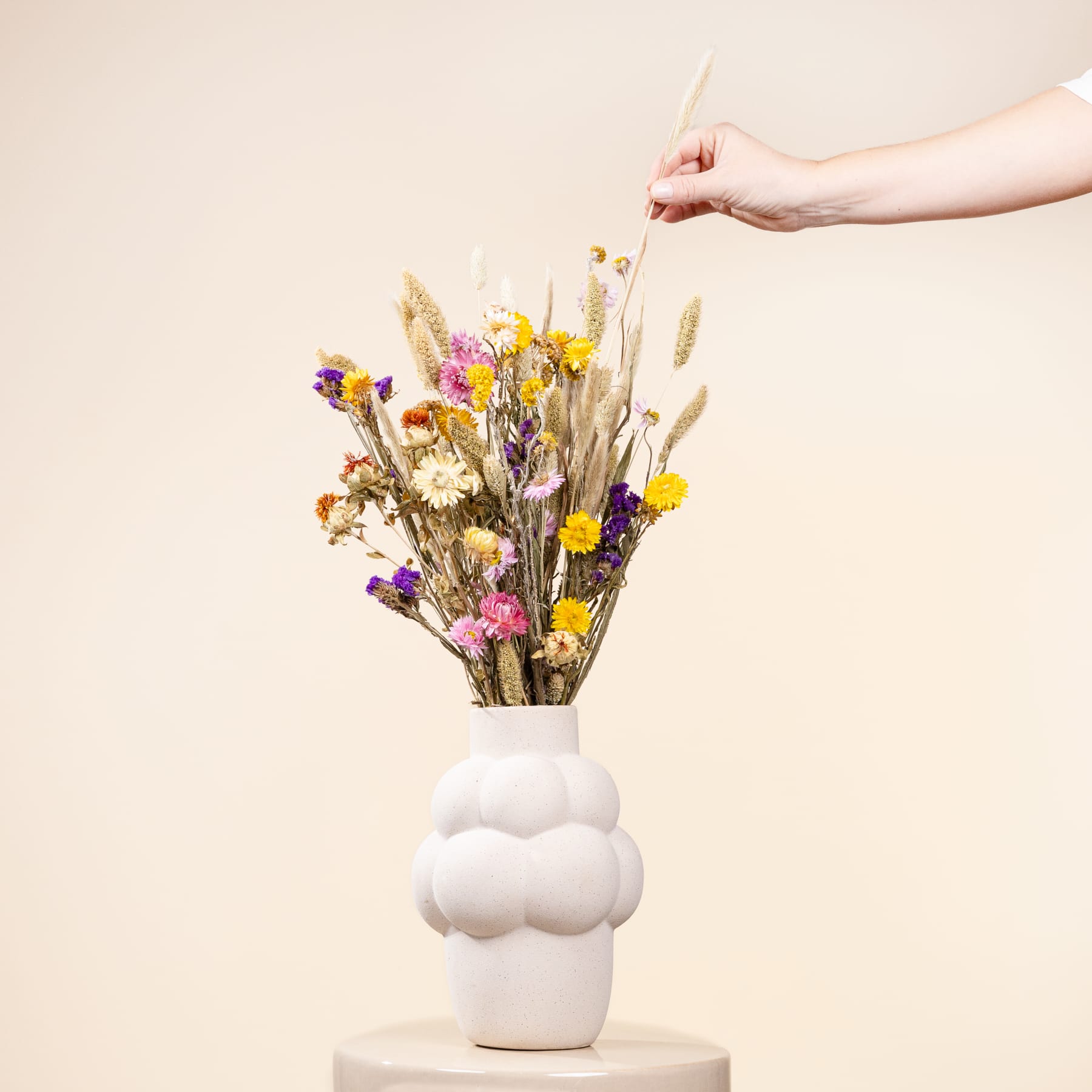 Eine Hand hält einen Strauß bunter Wildblumen in einer weißen Keramikvase vor einem schlichten beigen Hintergrund.