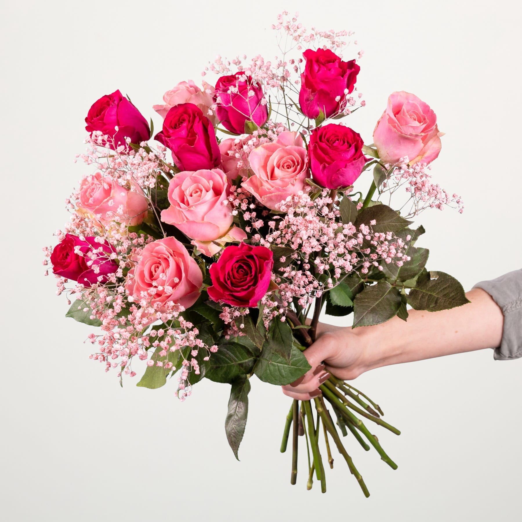 Ein leuchtender Strauß rosa und roter Rosen, akzentuiert mit zartem Schleierkraut, wird vor einem schlichten weißen Hintergrund in den Händen einer Person gehalten.