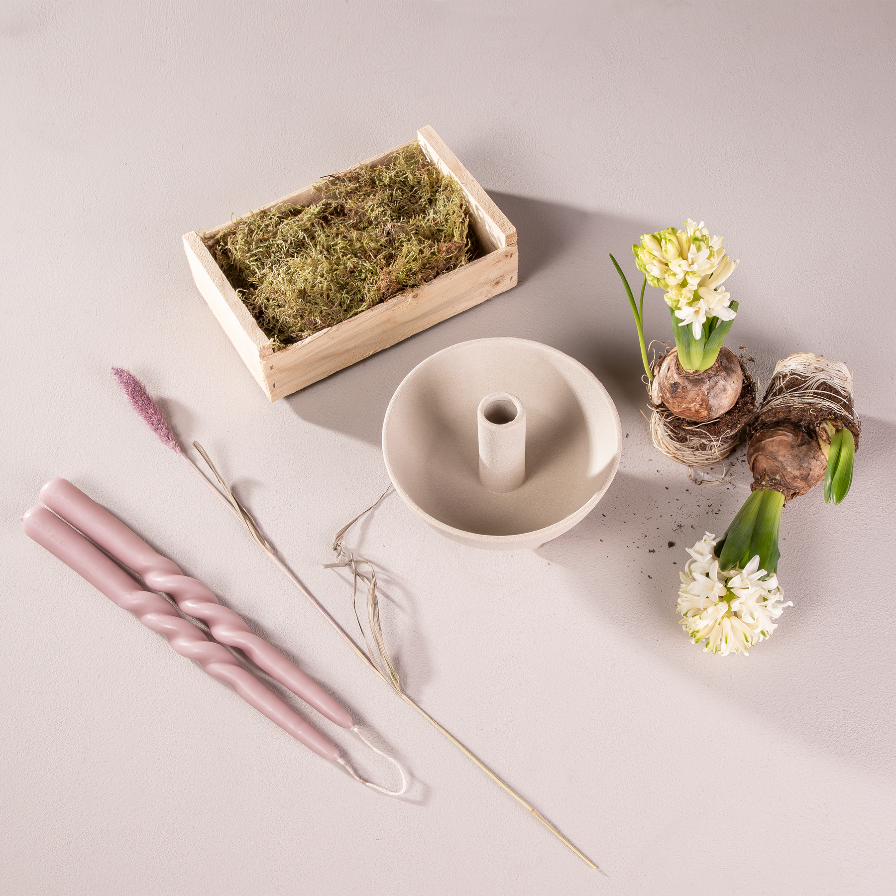 Eine mit Moos gefüllte Holzkiste, eine Keramikvase und mehrere florale Elemente, darunter eine blühende Blume und getrocknete Stängel, sind auf einem neutral gefärbten Hintergrund angeordnet.