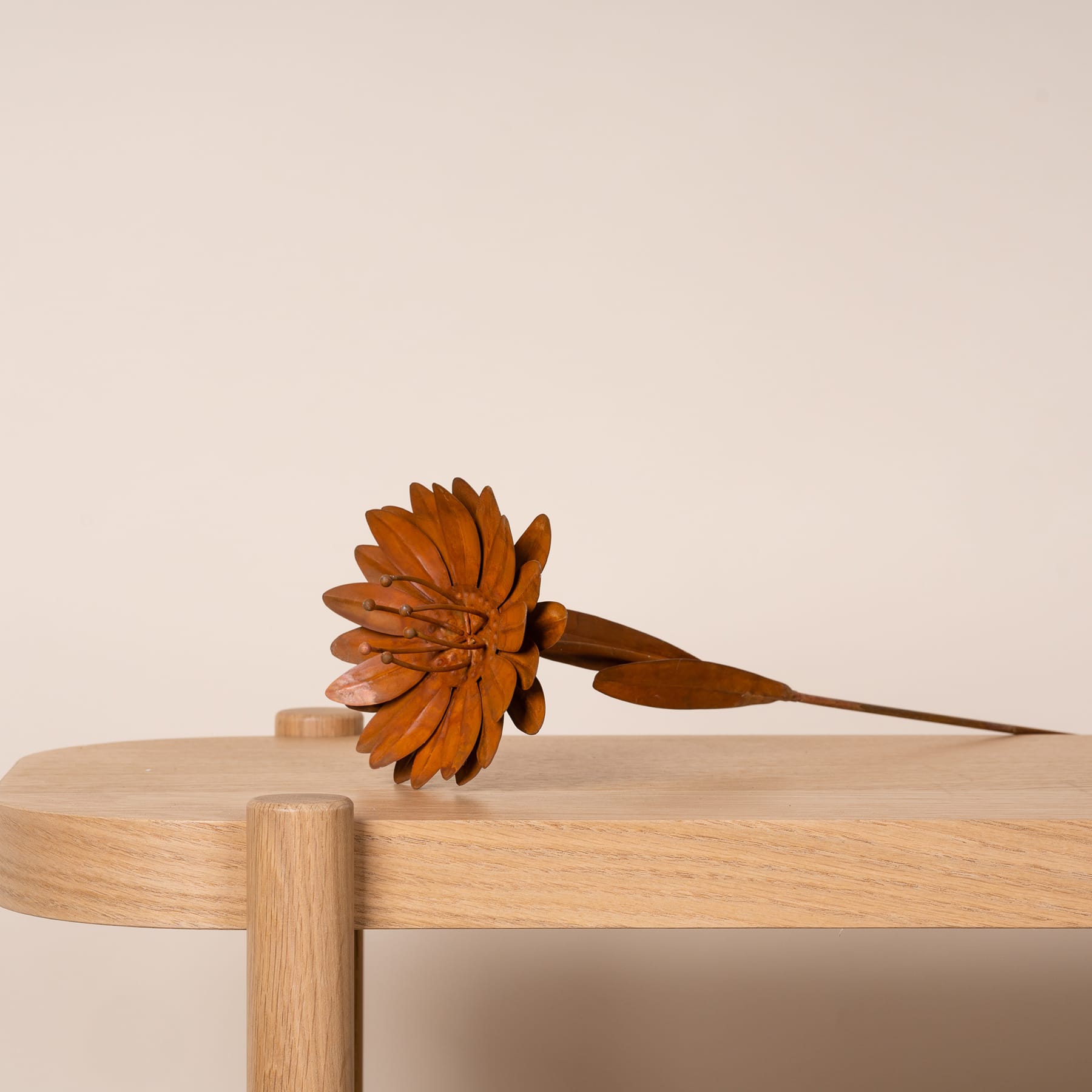 Ein Holztisch mit einer einzelnen orangefarbenen Blume darauf vor einem schlichten beigen Hintergrund.