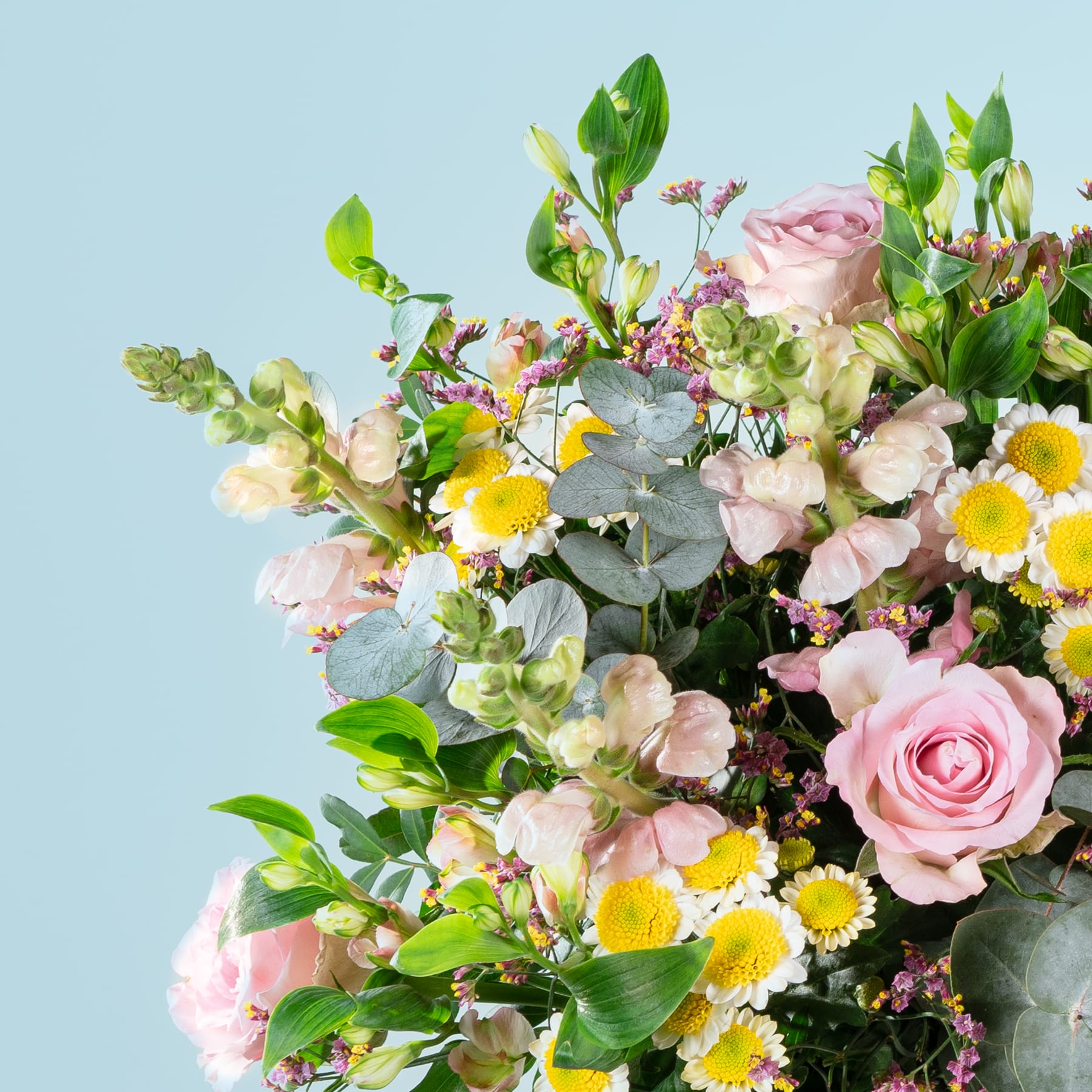 Ein lebendiger Strauß aus rosa Rosen, gelben Gänseblümchen und üppigem Grün vor einem sanften blauen Hintergrund.